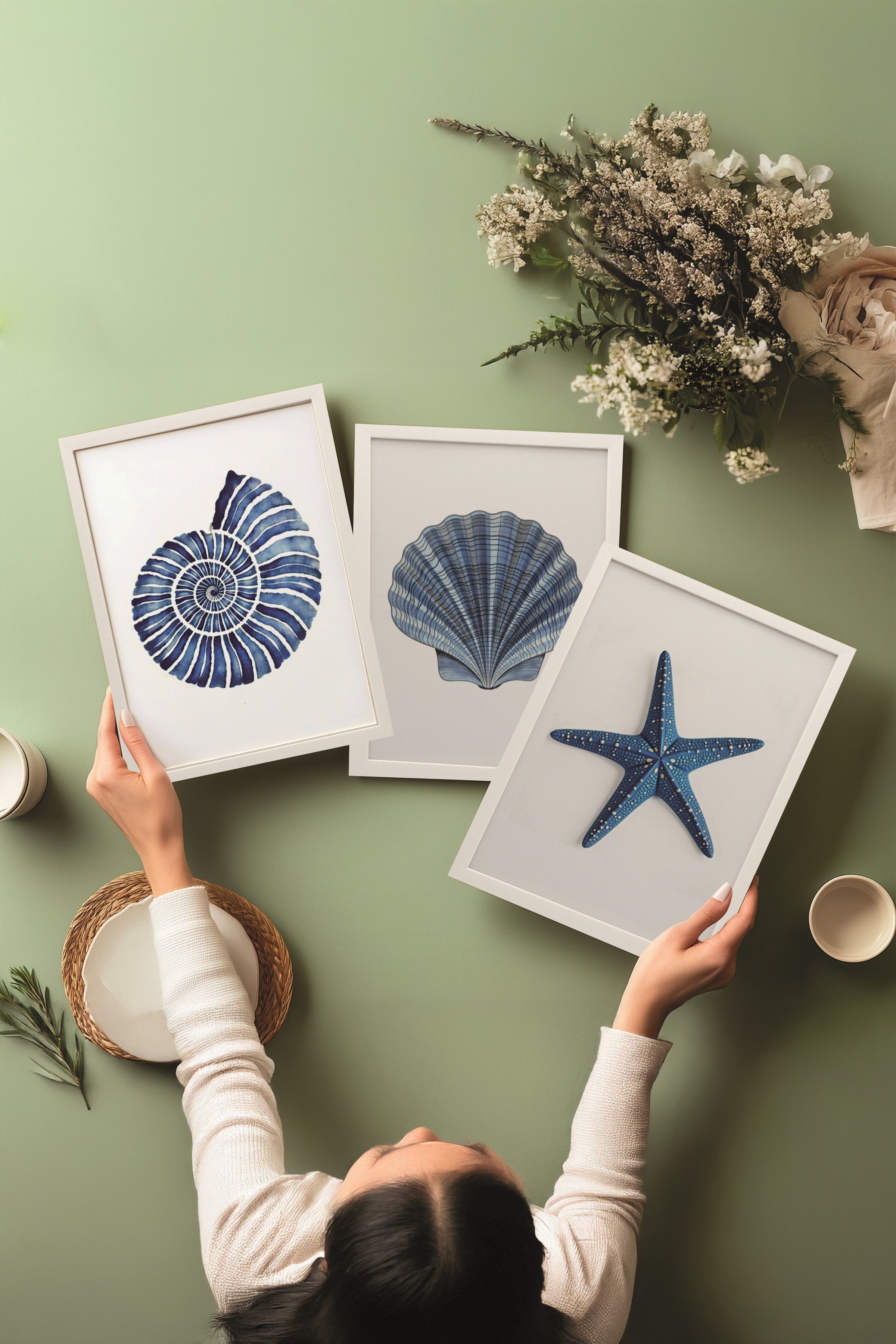 Beyaz Tablo Seti, 3 Adet Beyaz Çerçeveli Poster Seashells Model No:300890, Mavi Duvar Dekoru