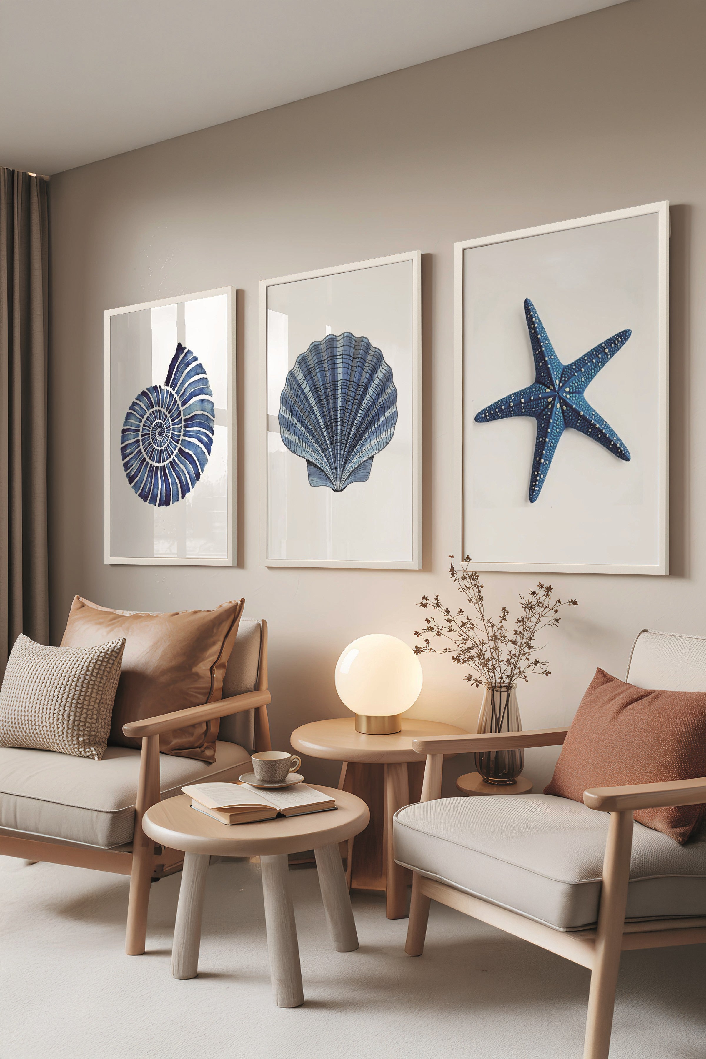 Beyaz Tablo Seti, 3 Adet Beyaz Çerçeveli Poster Seashells Model No:300890, Mavi Duvar Dekoru