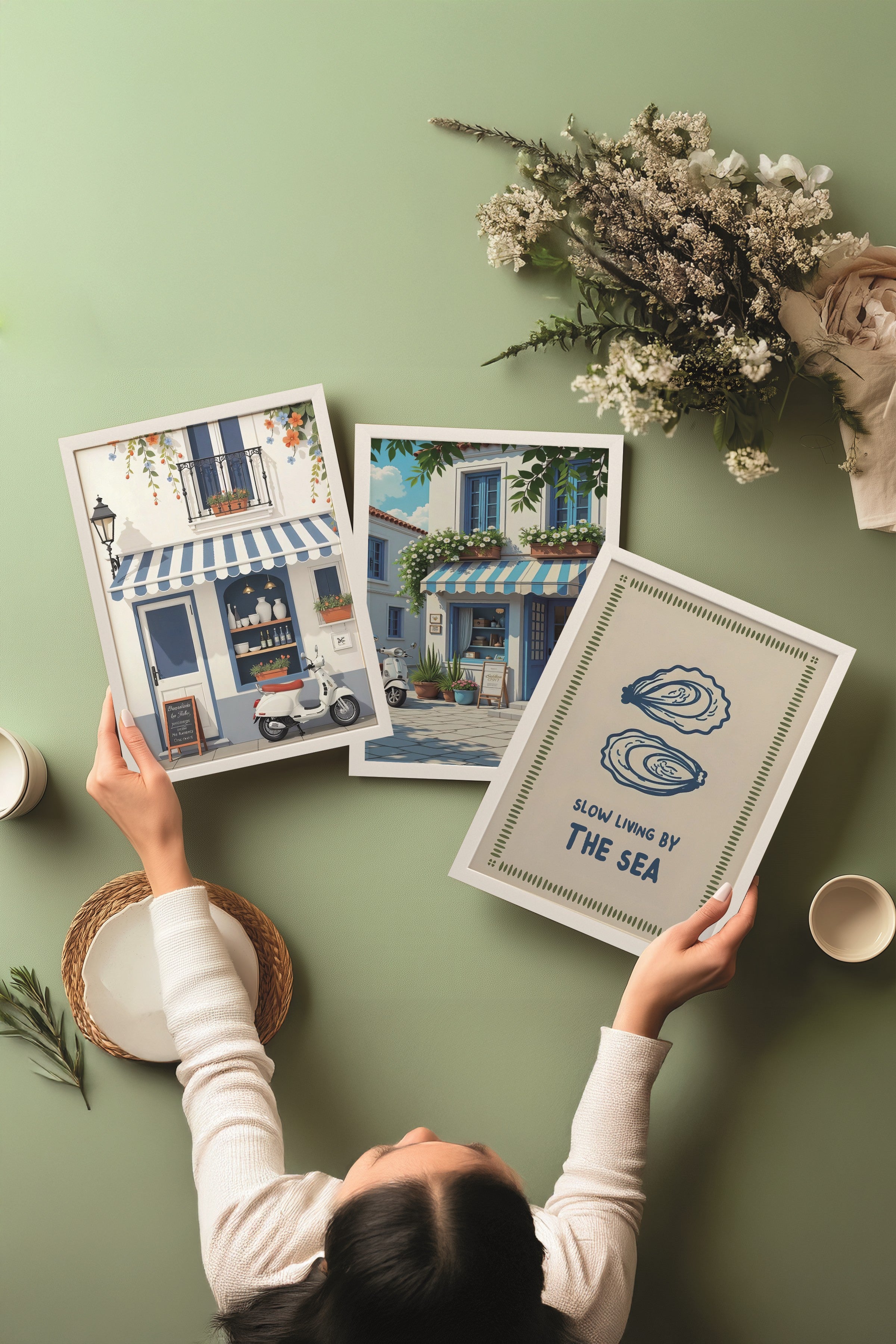 Beyaz Tablo Seti, 3 Adet Beyaz Çerçeveli Poster Slow Living by the Sea Model No:300860, Duvar Dekoru