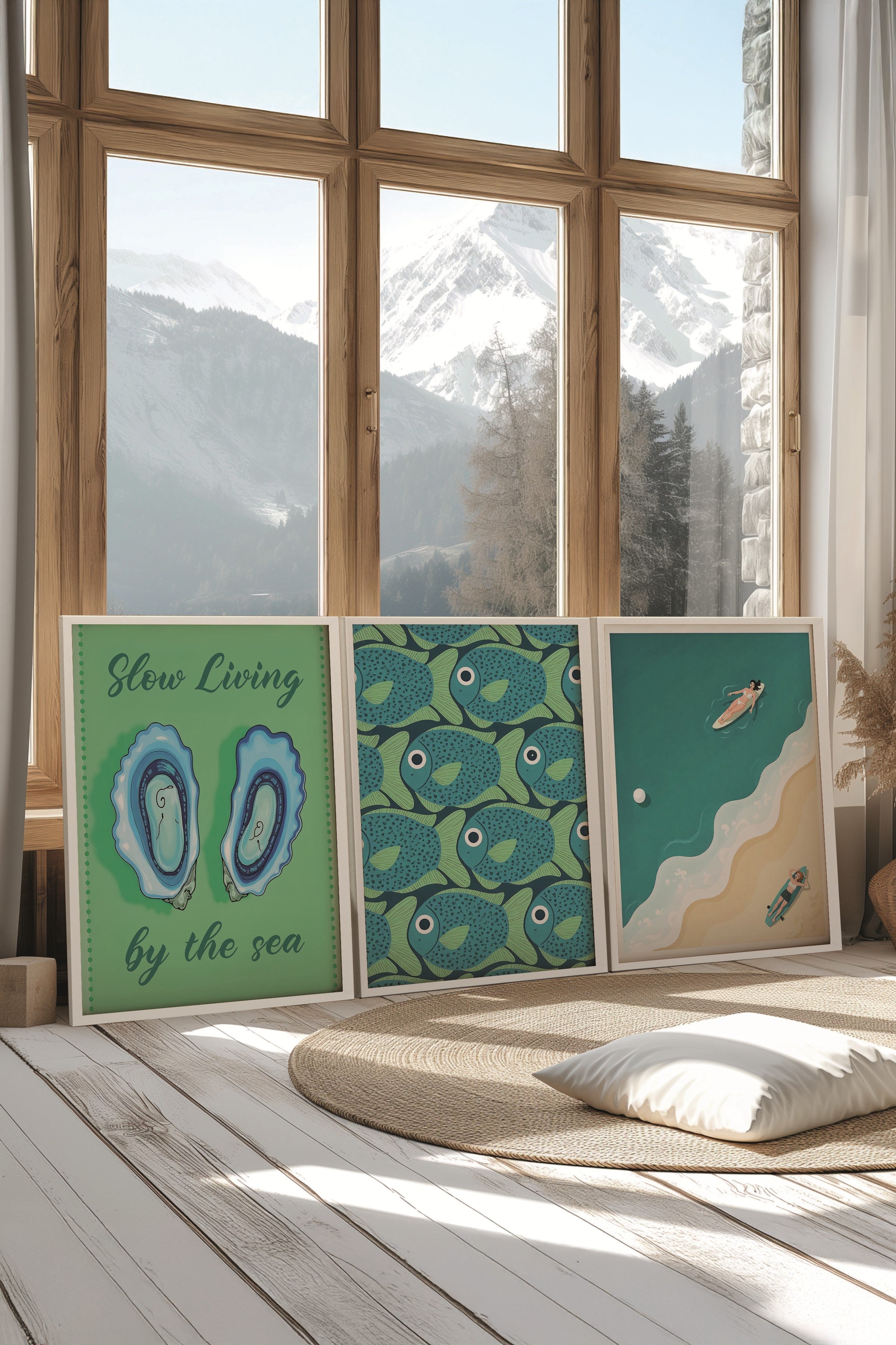 Beyaz Tablo Seti, 3 Adet Beyaz Çerçeveli Poster slow living Model No:300852, Yeşil Duvar Dekoru