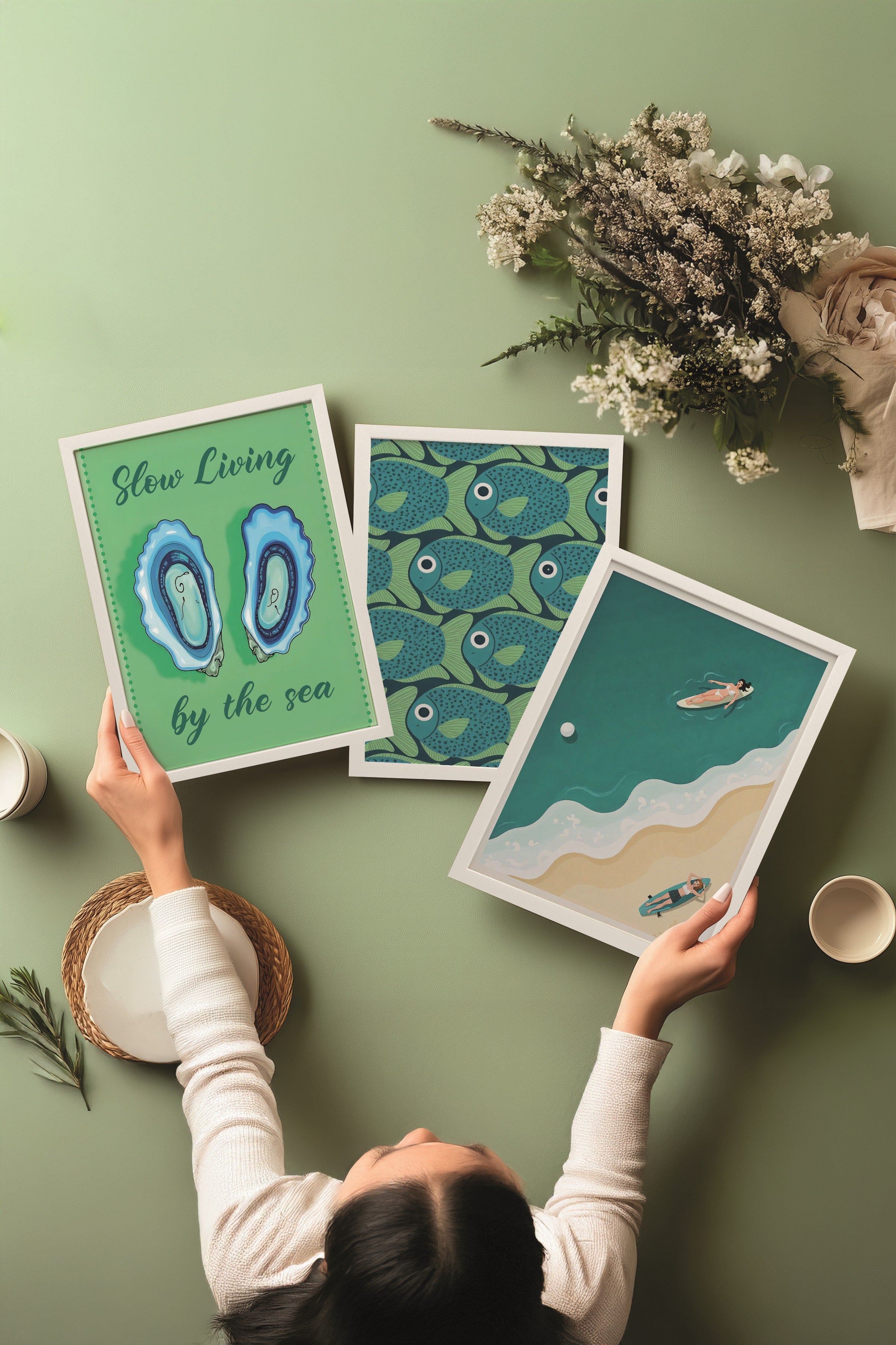 Beyaz Tablo Seti, 3 Adet Beyaz Çerçeveli Poster slow living Model No:300852, Yeşil Duvar Dekoru