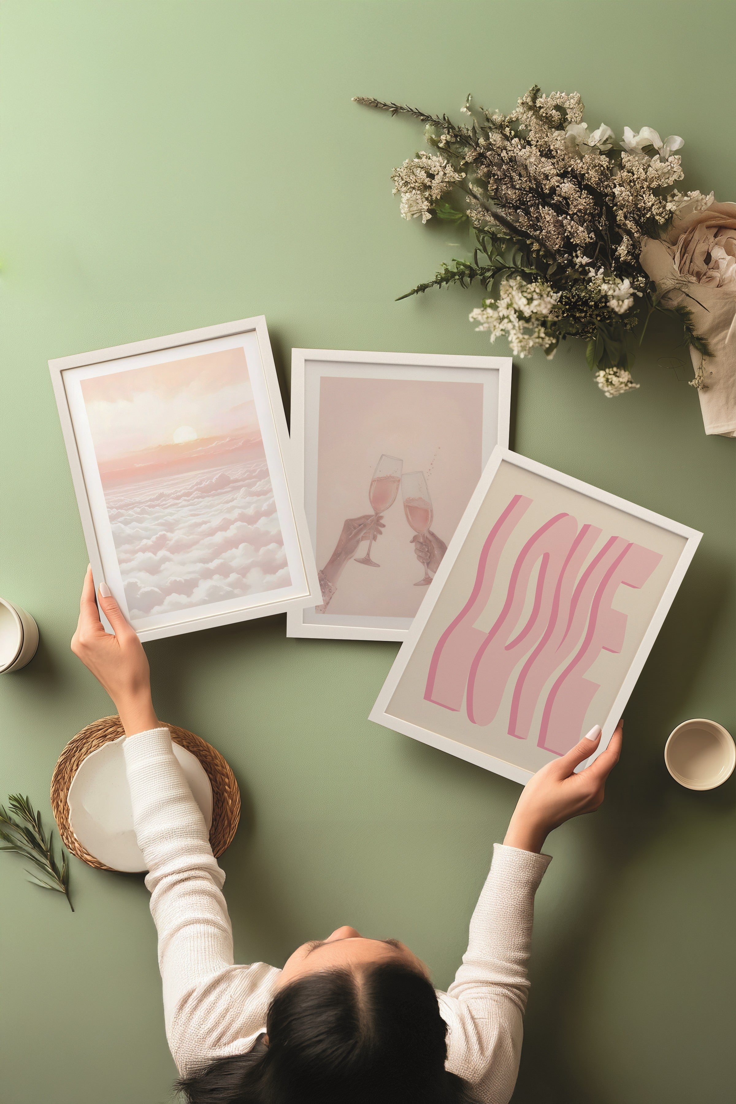 Beyaz Tablo Seti, 3 Adet Beyaz Çerçeveli Poster Soft Vibe Model No:300818, Pembe Duvar Dekoru