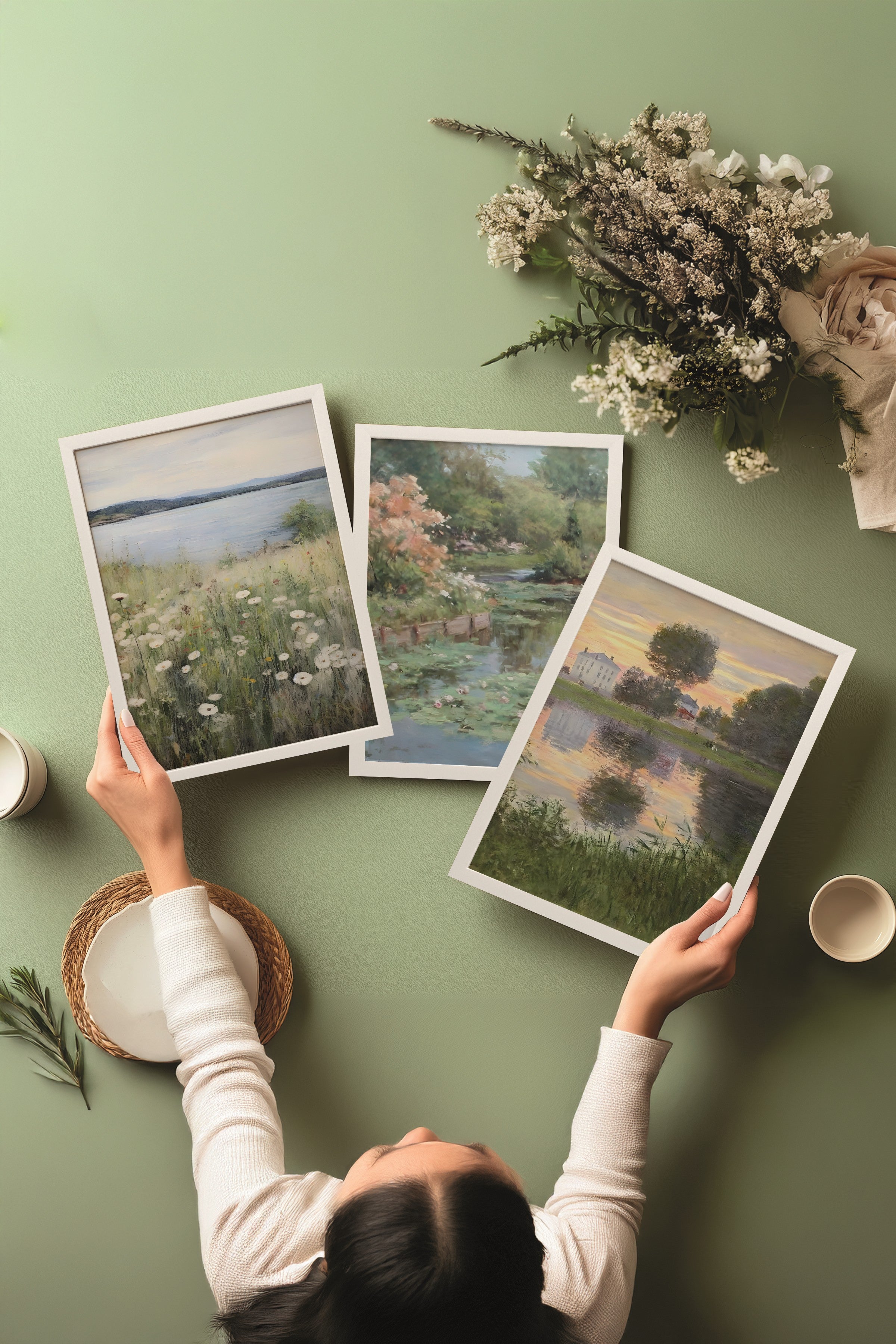 Beyaz Tablo Seti, 3 Adet Beyaz Çerçeveli Poster Spring View Model No:300873, Multicolor Duvar Dekoru