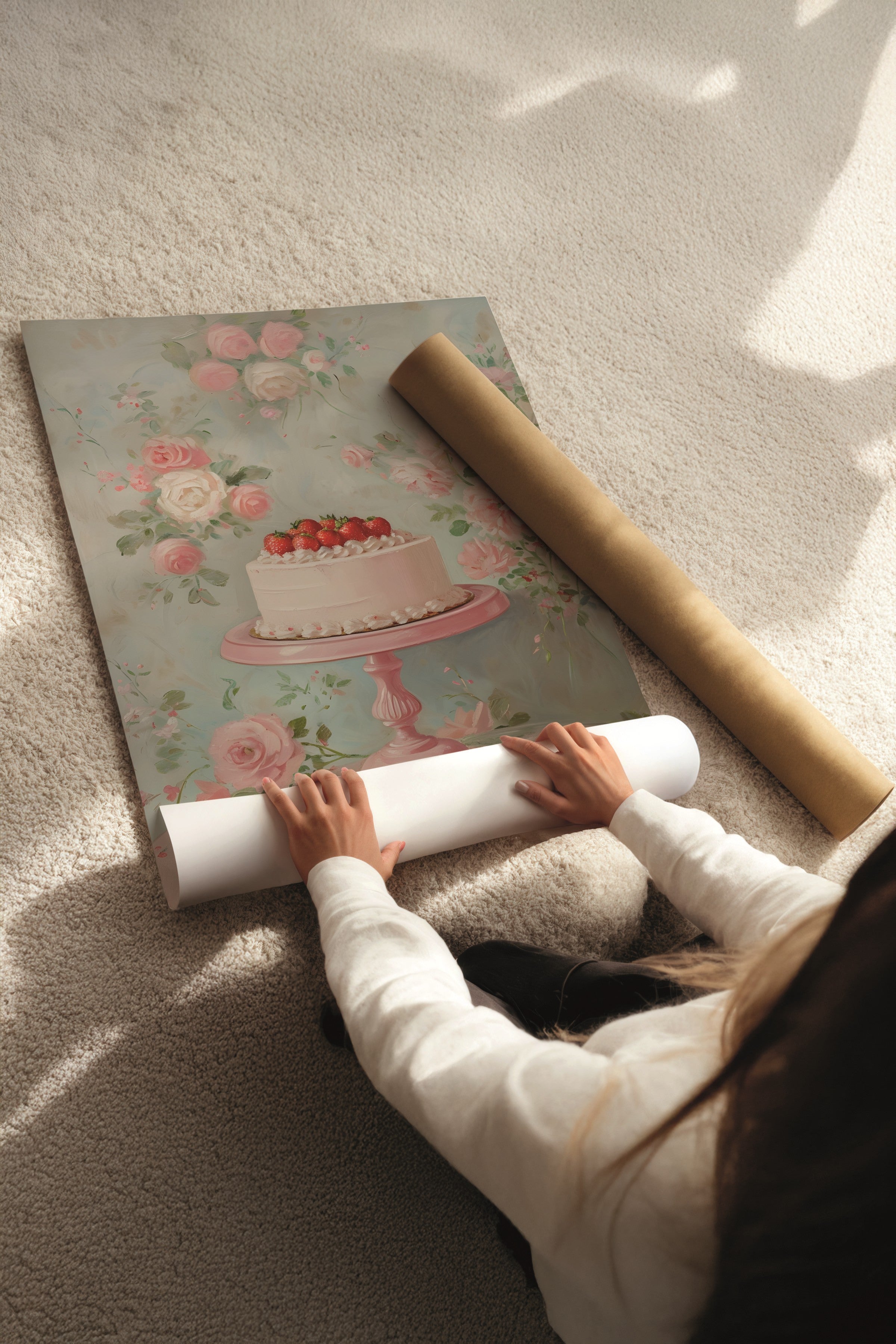 Beyaz Tablo Seti, 3 Adet Beyaz Çerçeveli Poster Strawberry Cake Model No:300892, Pembe Duvar Dekoru