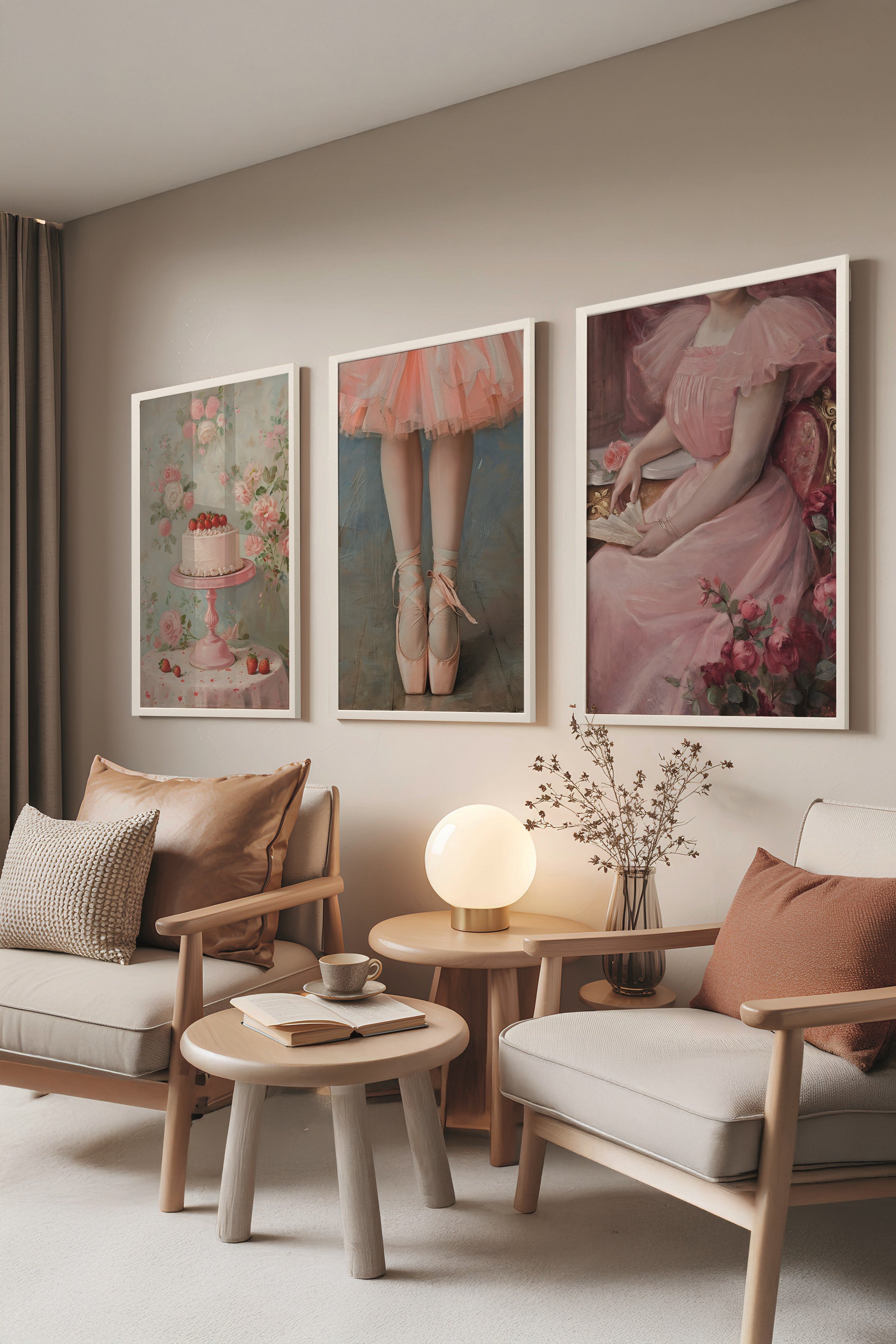 Beyaz Tablo Seti, 3 Adet Beyaz Çerçeveli Poster Strawberry Cake Model No:300892, Pembe Duvar Dekoru