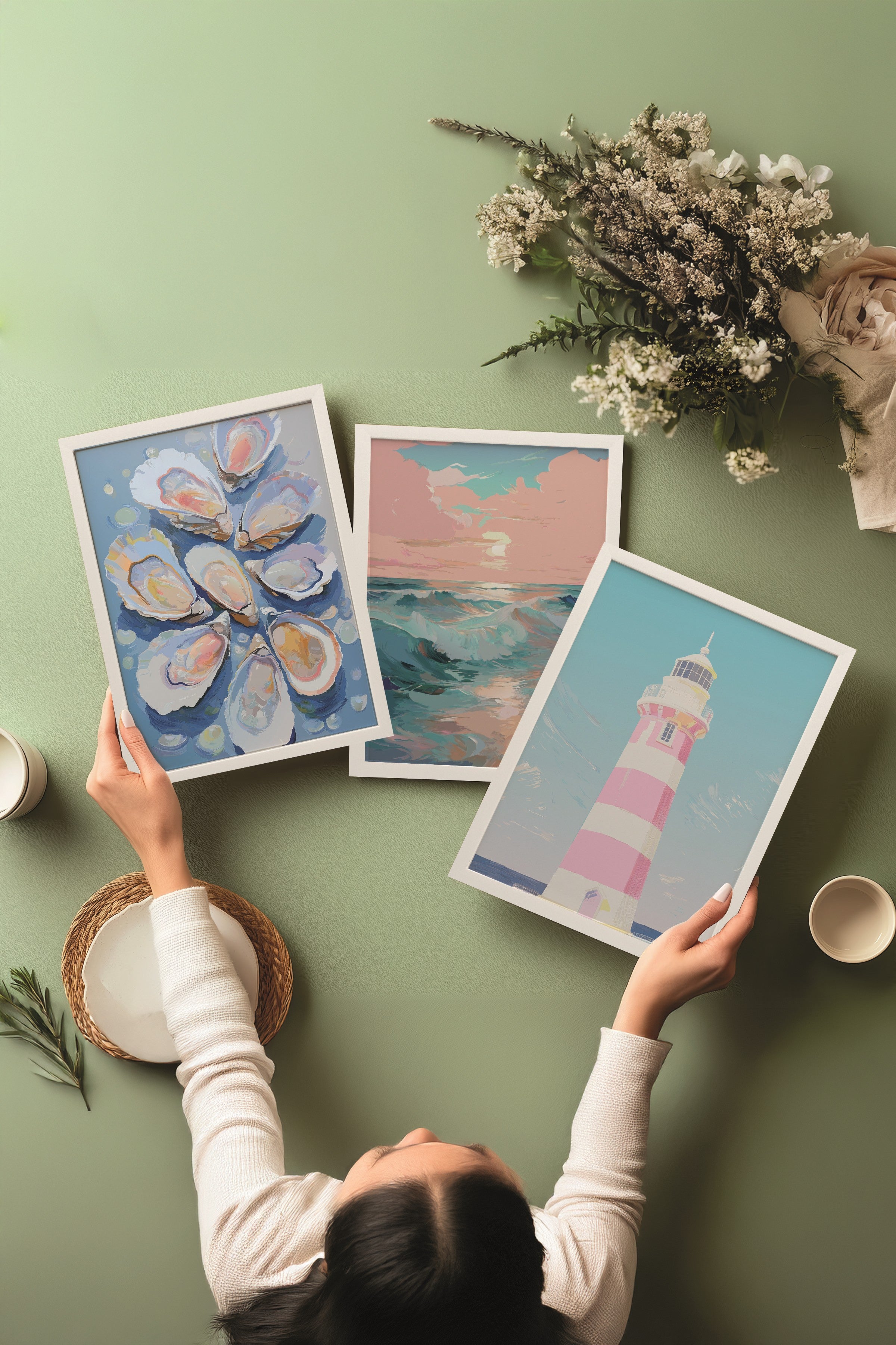 Beyaz Tablo Seti, 3 Adet Beyaz Çerçeveli Poster summer Model No:300823, Pembe ve Mavi Duvar Dekoru