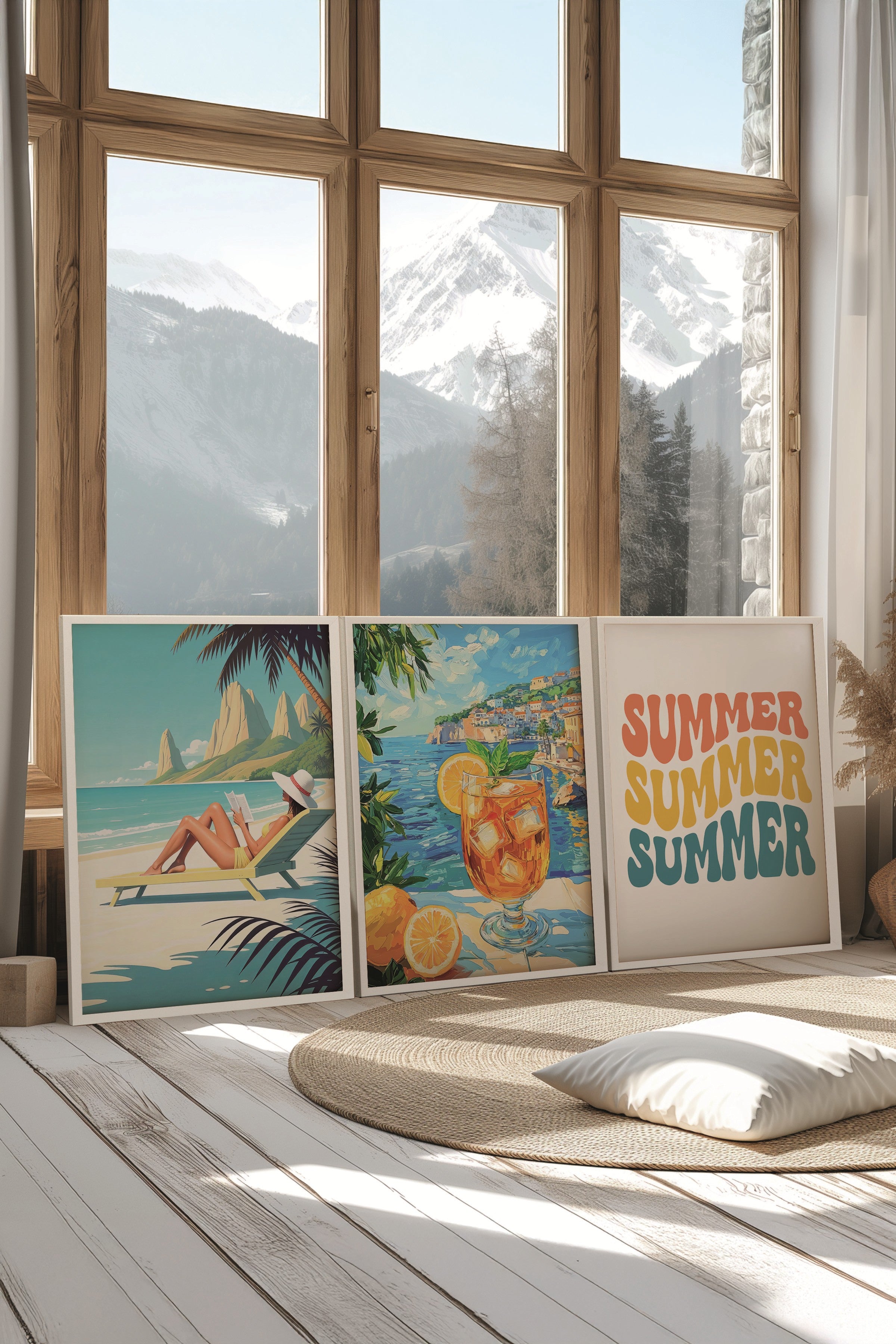 Beyaz Tablo Seti, 3 Adet Beyaz Çerçeveli Poster Summer Model No:300854, Multicolor Duvar Dekoru