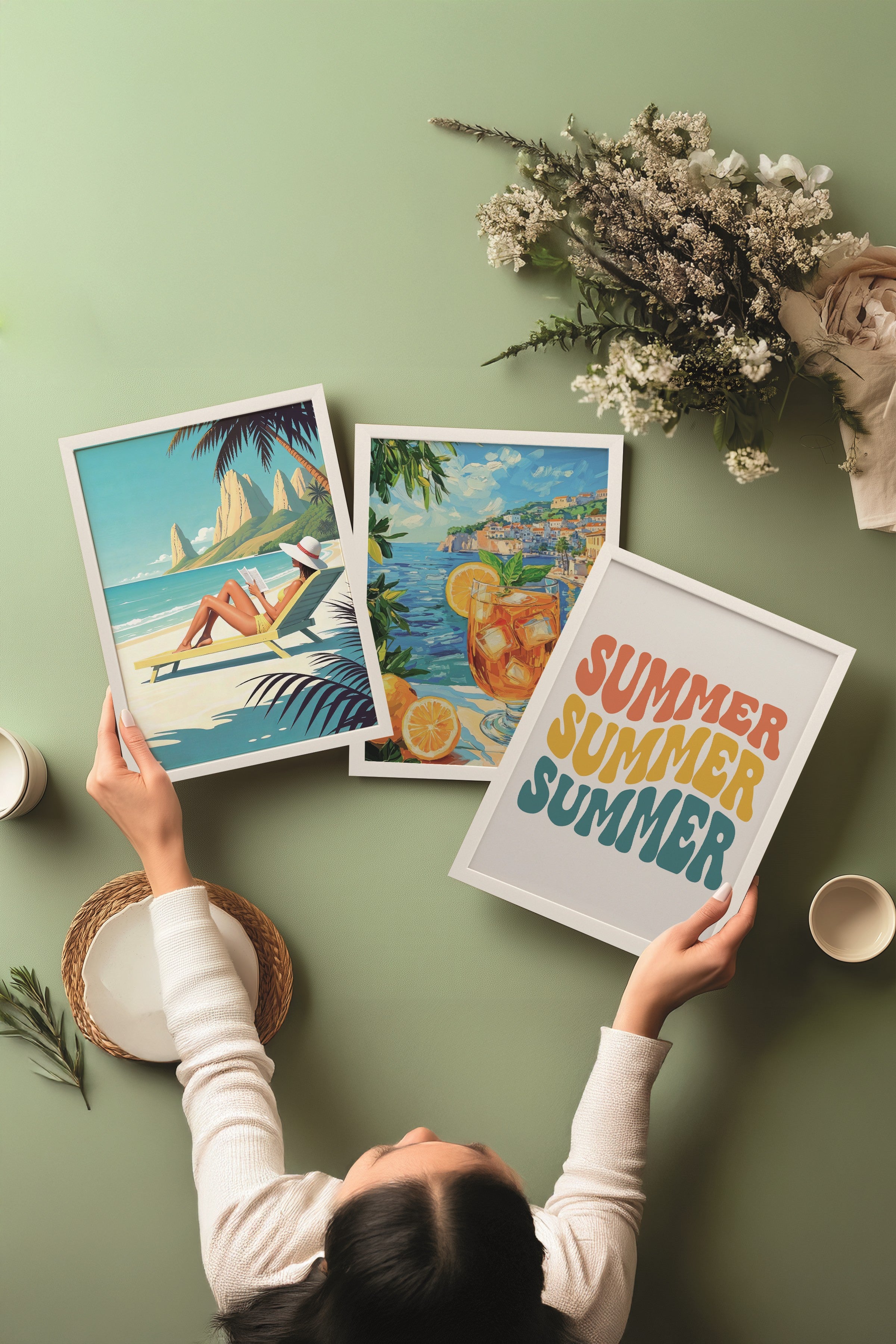 Beyaz Tablo Seti, 3 Adet Beyaz Çerçeveli Poster Summer Model No:300854, Multicolor Duvar Dekoru