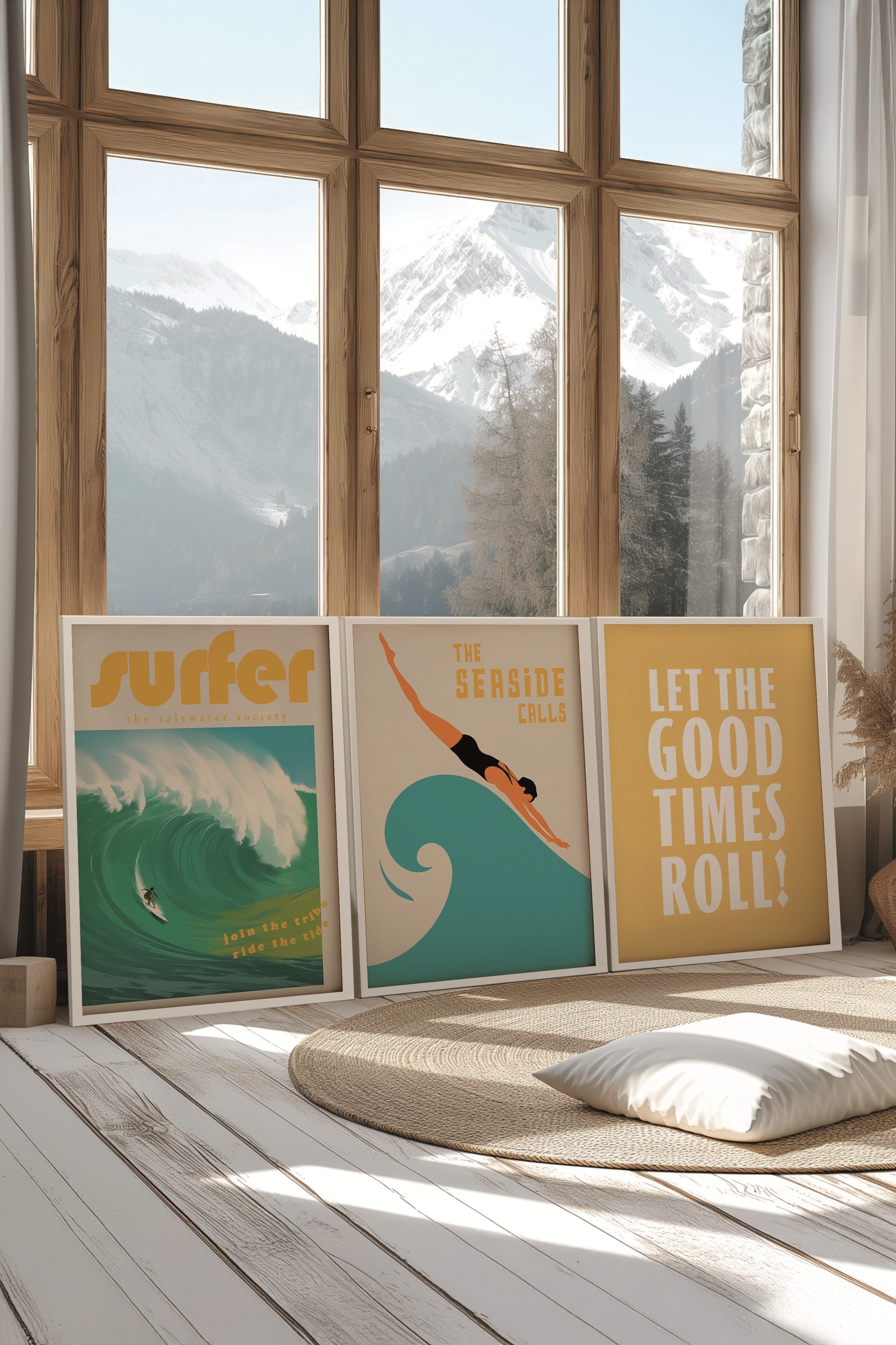 Beyaz Tablo Seti, 3 Adet Beyaz Çerçeveli Poster Surfer Model No:300815, Sarı ve Mavi Duvar Dekoru