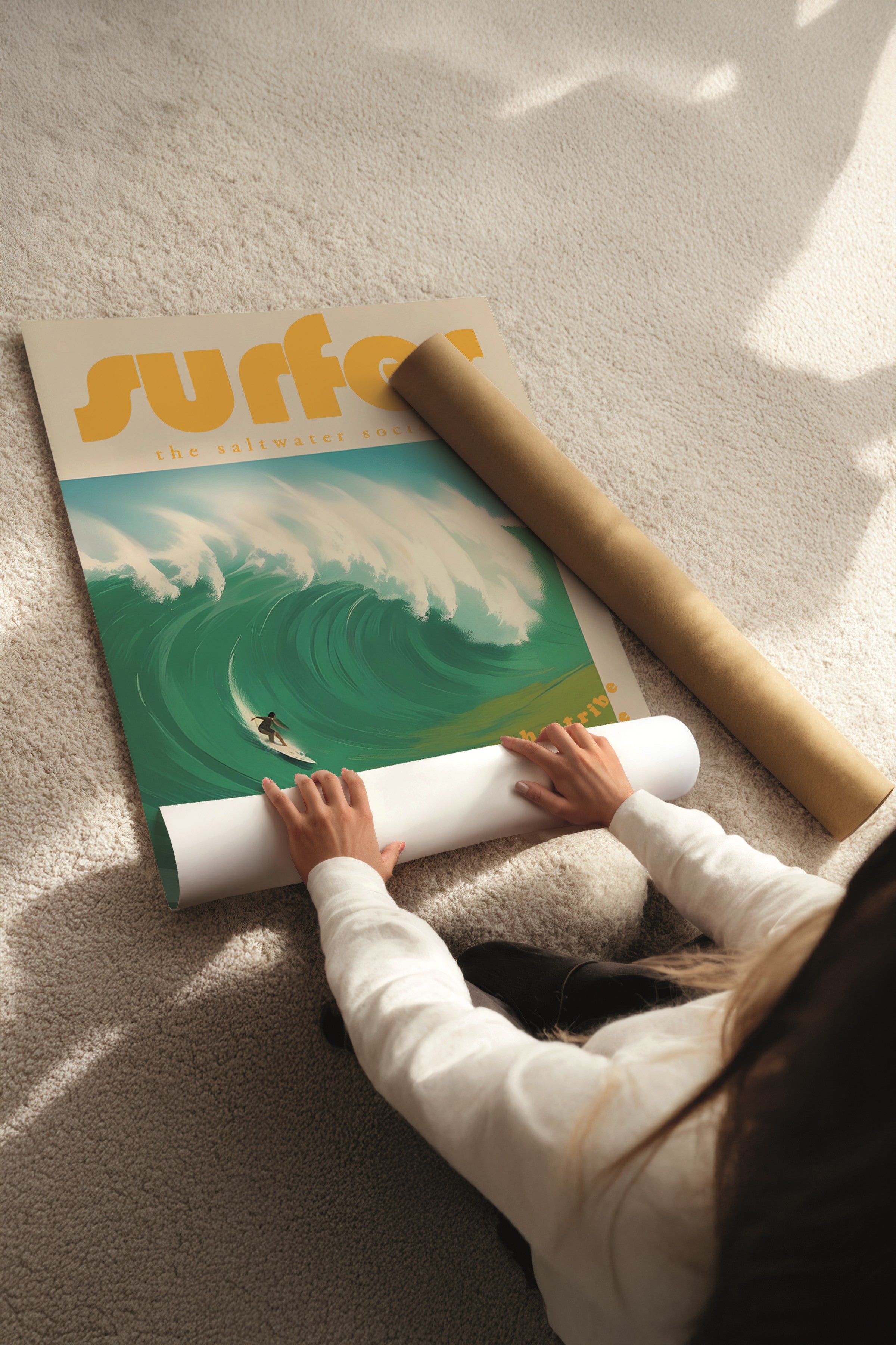 Beyaz Tablo Seti, 3 Adet Beyaz Çerçeveli Poster Surfer Model No:300815, Sarı ve Mavi Duvar Dekoru