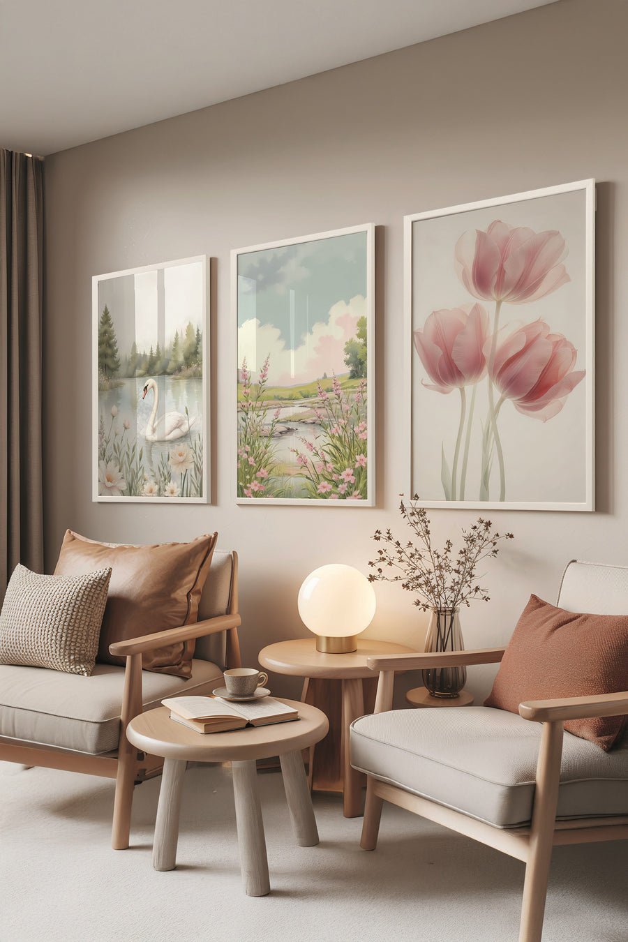 Beyaz Tablo Seti, 3 Adet Beyaz Çerçeveli Poster Swan Nature Model No:300804, Multicolor Duvar Dekoru