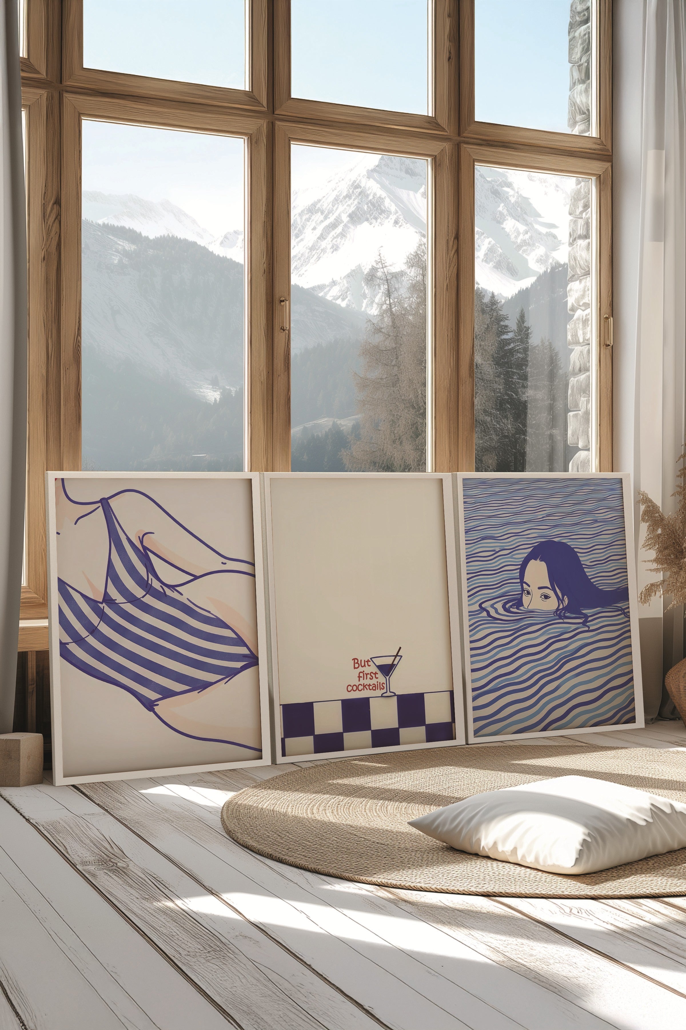 Beyaz Tablo Seti, 3 Adet Beyaz Çerçeveli Poster Swim Model No:300834, Mavi Duvar Dekoru
