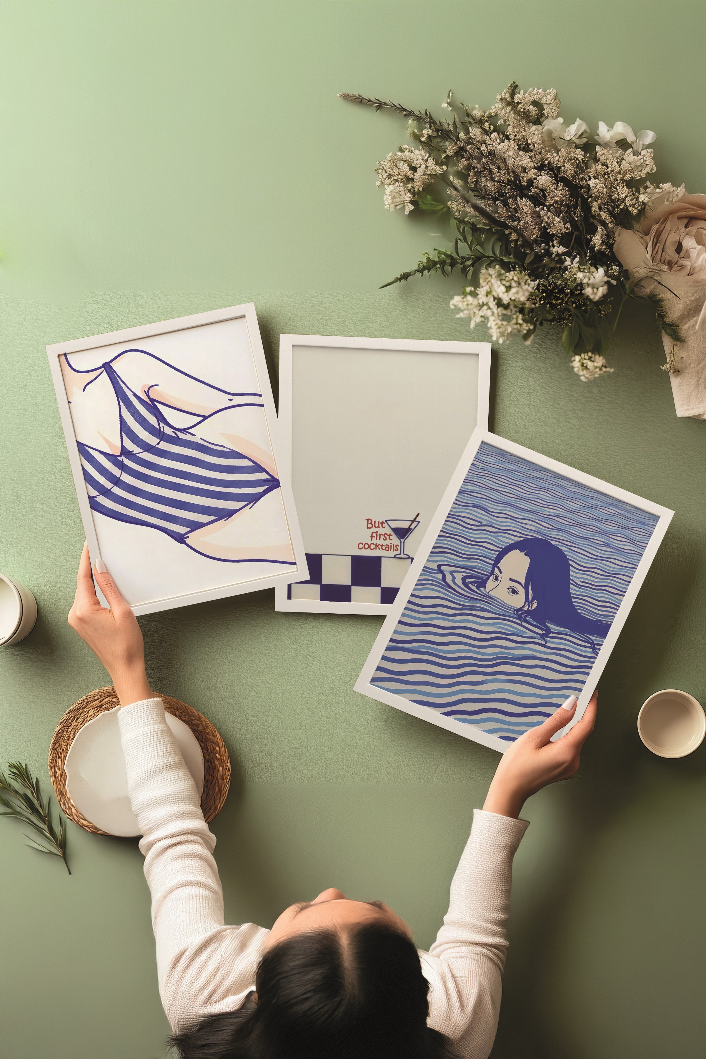 Beyaz Tablo Seti, 3 Adet Beyaz Çerçeveli Poster Swim Model No:300834, Mavi Duvar Dekoru