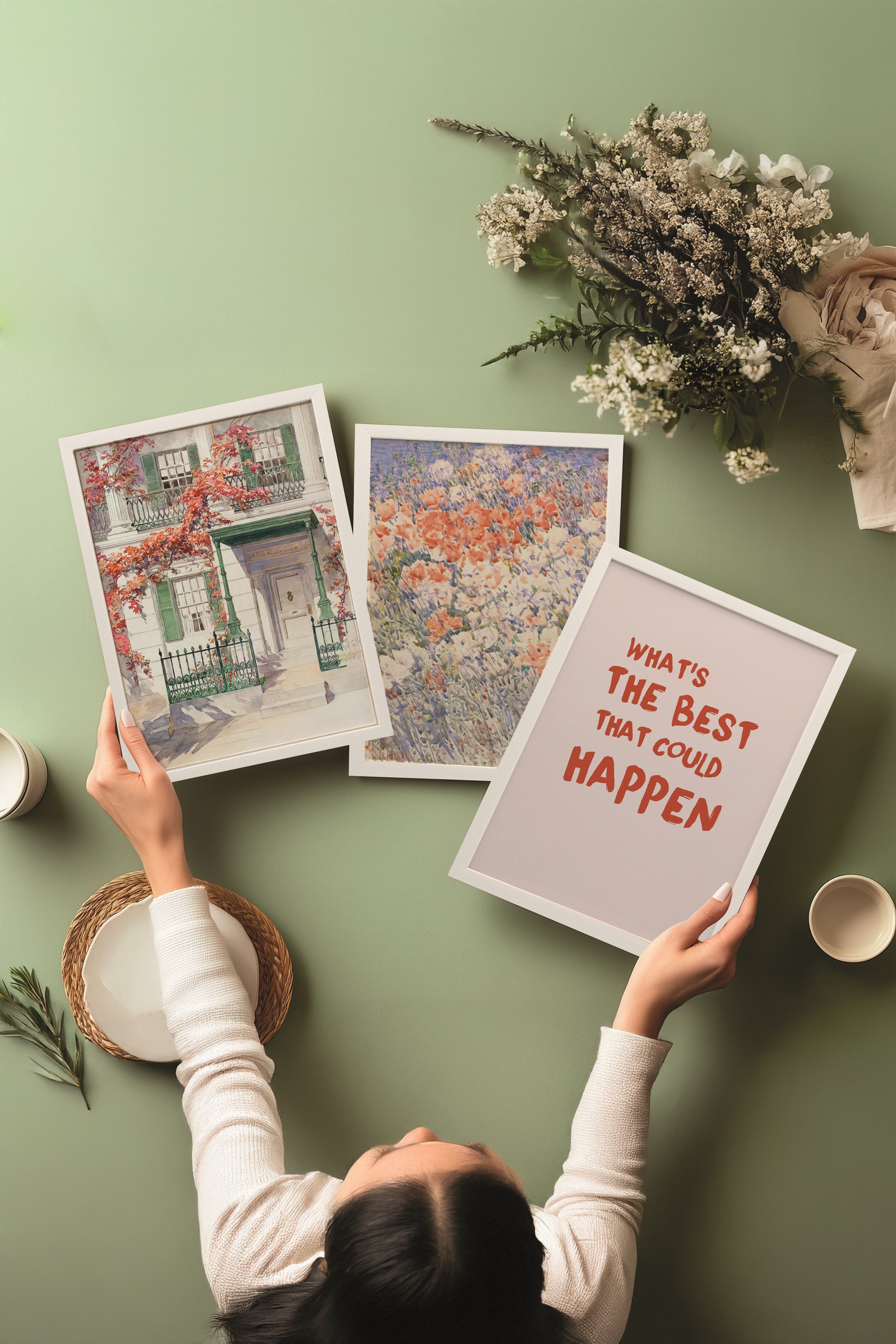 Beyaz Tablo Seti, 3 Adet Beyaz Çerçeveli Poster The Best Happen Model No:300864, Duvar Dekoru