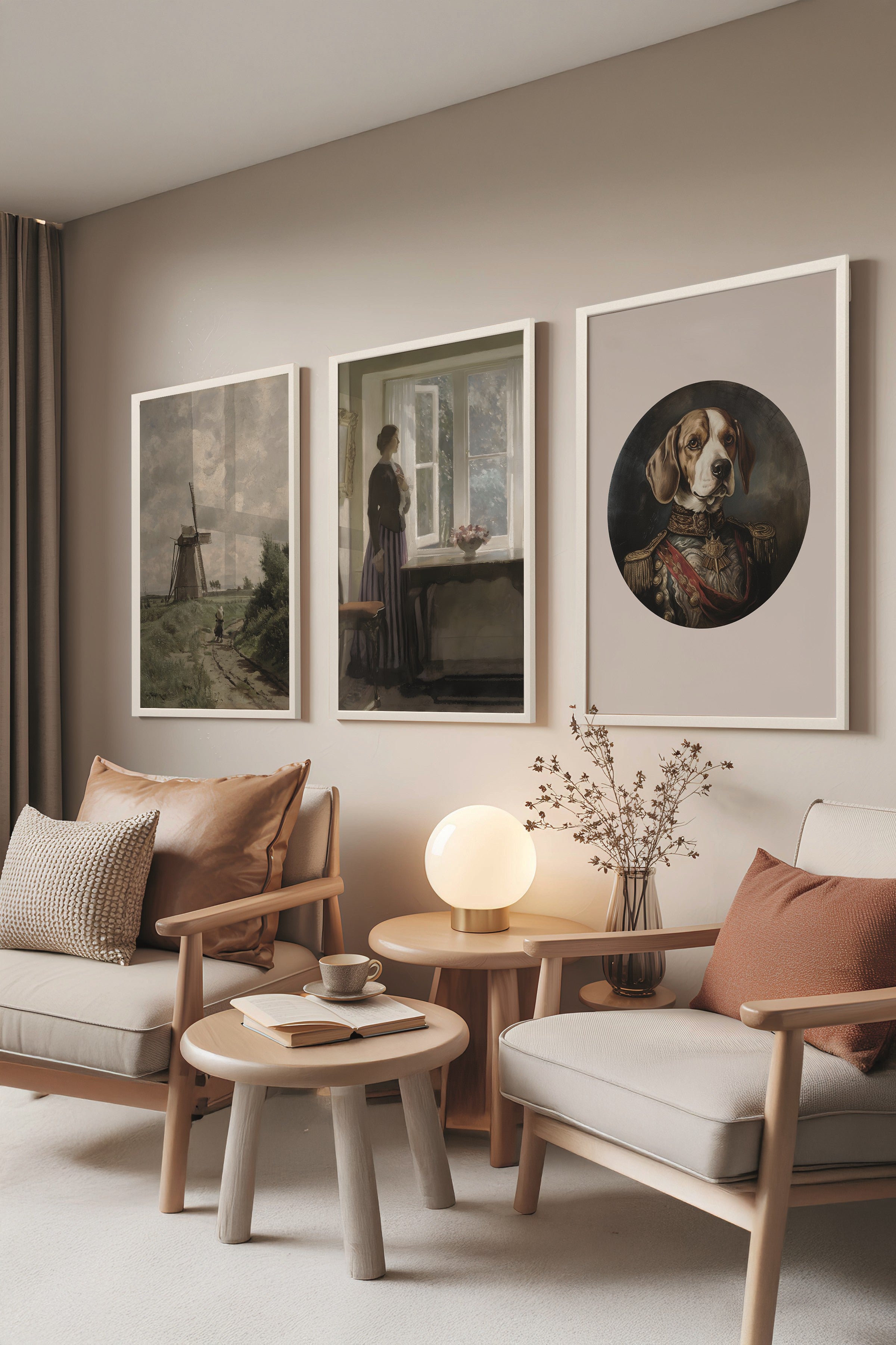 Beyaz Tablo Seti, 3 Adet Beyaz Çerçeveli Poster The Dog Model No:300879, Kahverengi Duvar Dekoru