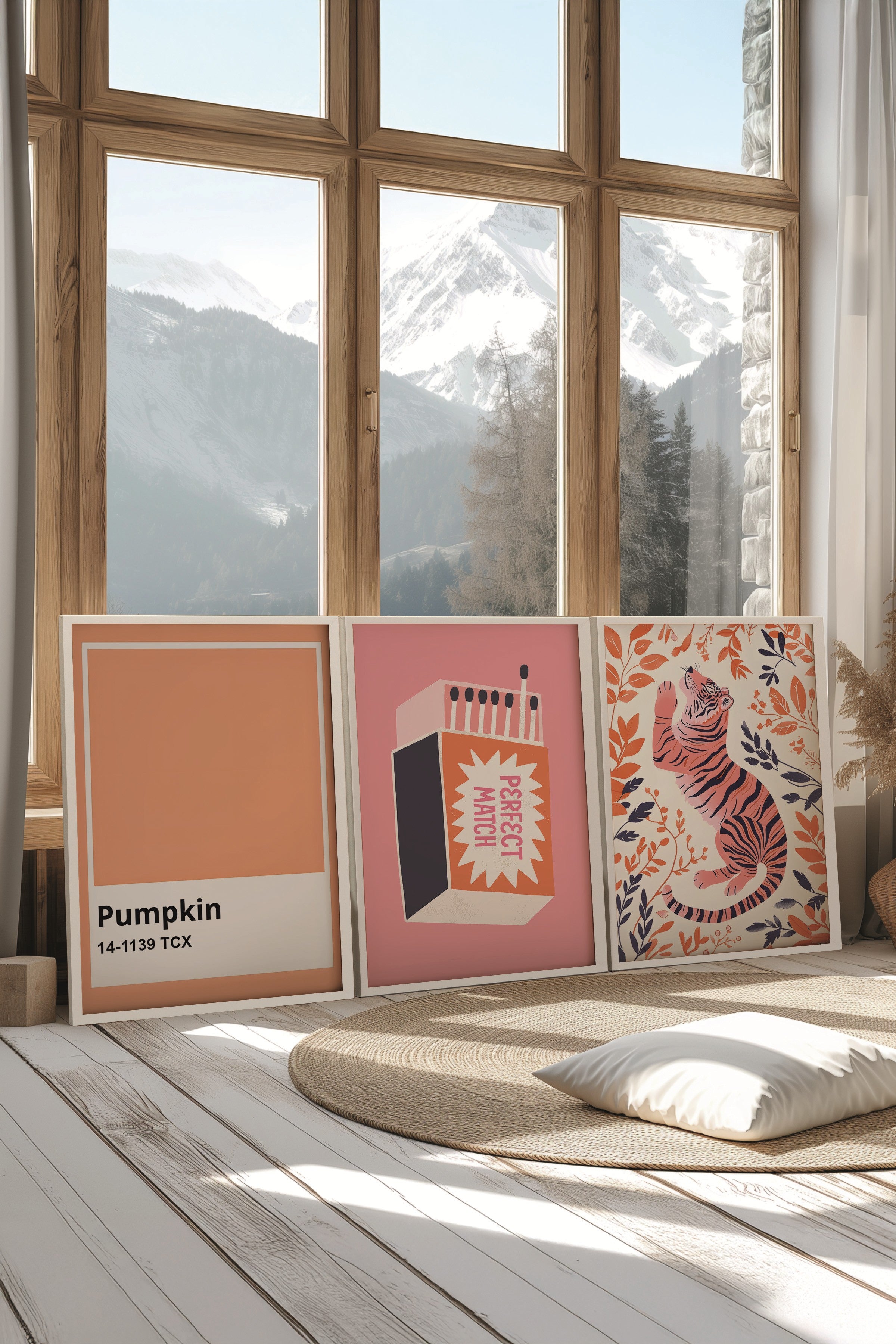 Beyaz Tablo Seti, 3 Adet Beyaz Çerçeveli Poster Tiger Model No:300897, Turuncu Duvar Dekoru