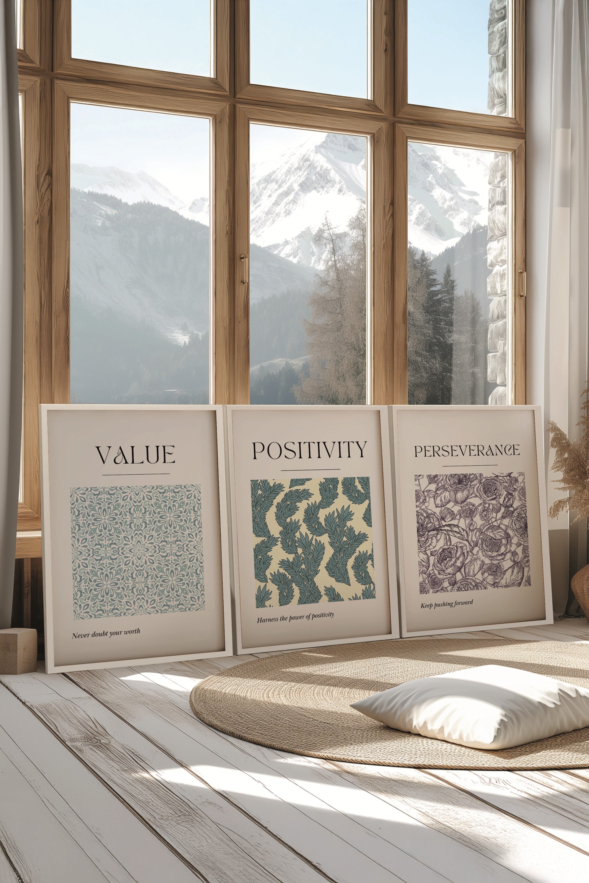 Beyaz Tablo Seti, 3 Adet Beyaz Çerçeveli Poster Values Model No:300847, Mavi ve Mor Duvar Dekoru