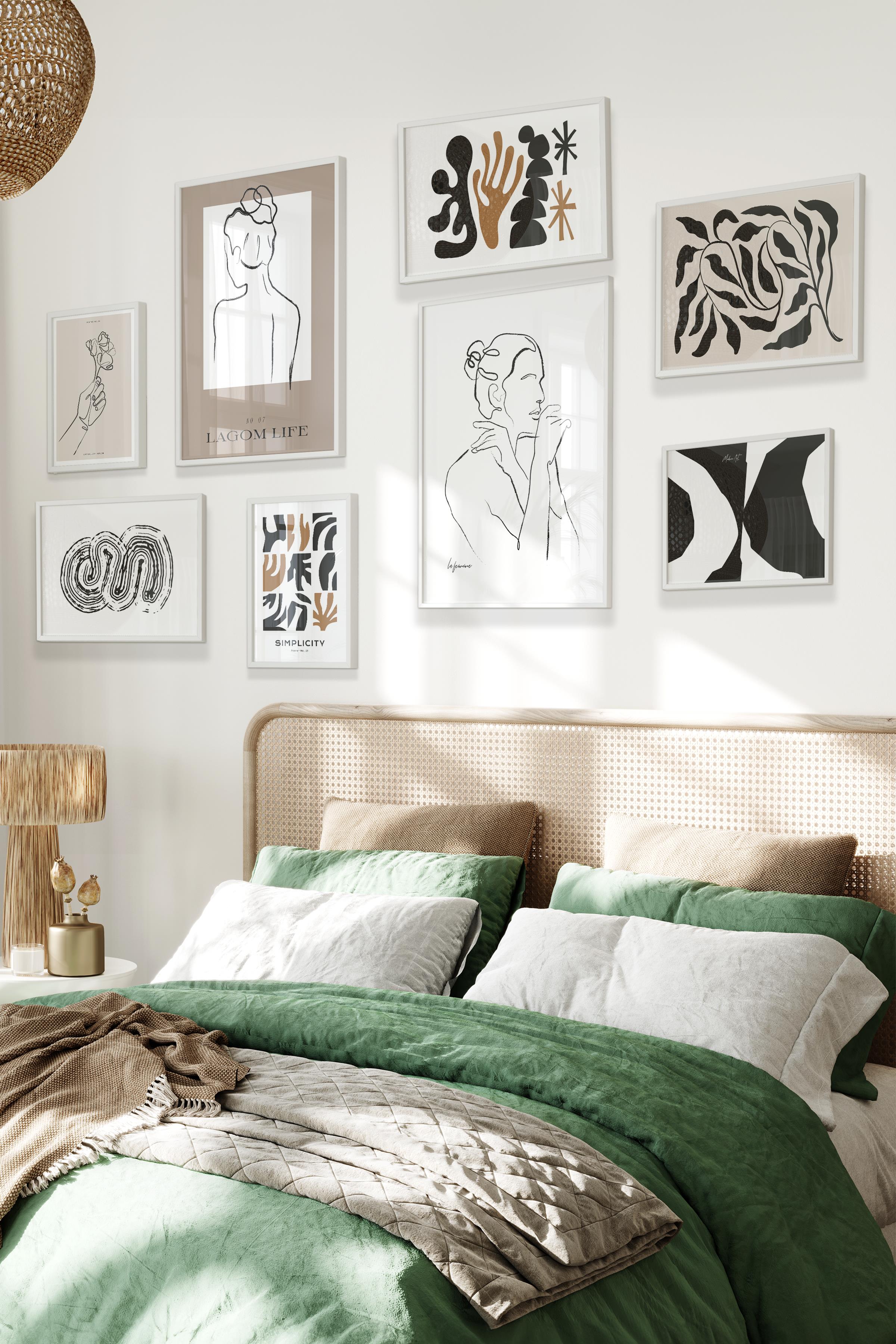 Beyaz Tablo Seti, 8 Adet Çerçeve Seti,İllustrsayon Bej Boho Temalı Galeri Poster Seti NO:048