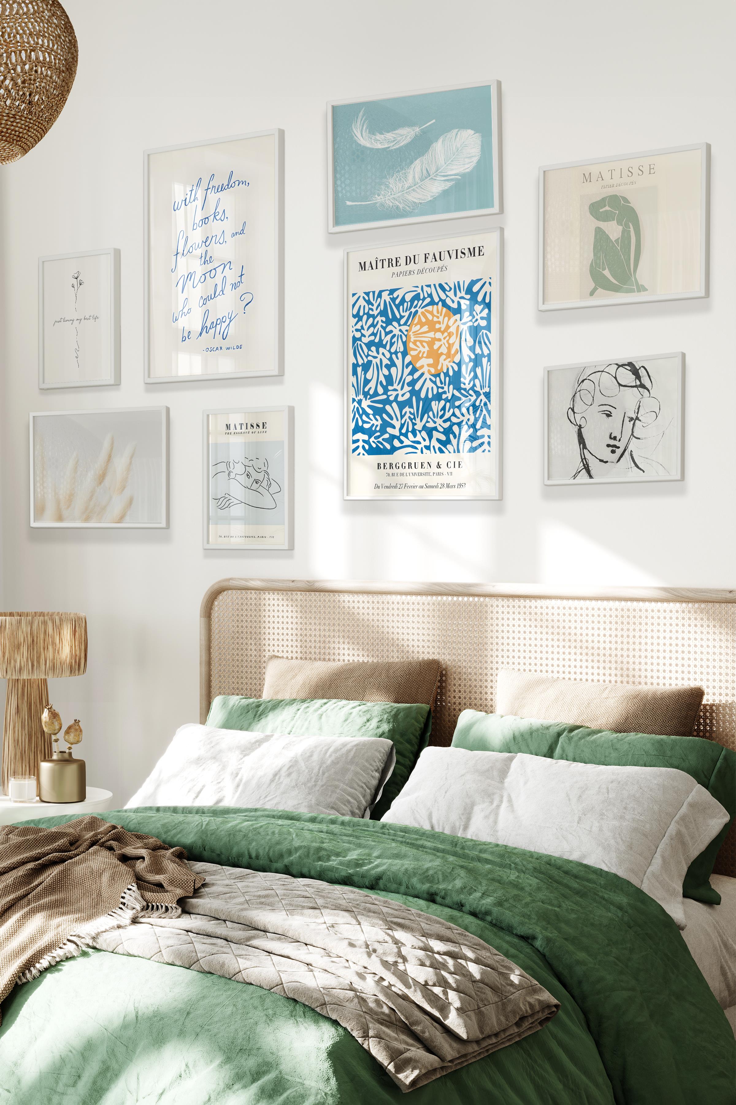 Beyaz Tablo Seti, 8 Adet Çerçeve Seti,Mavi Vintage Temalı Galeri Poster Seti NO:040