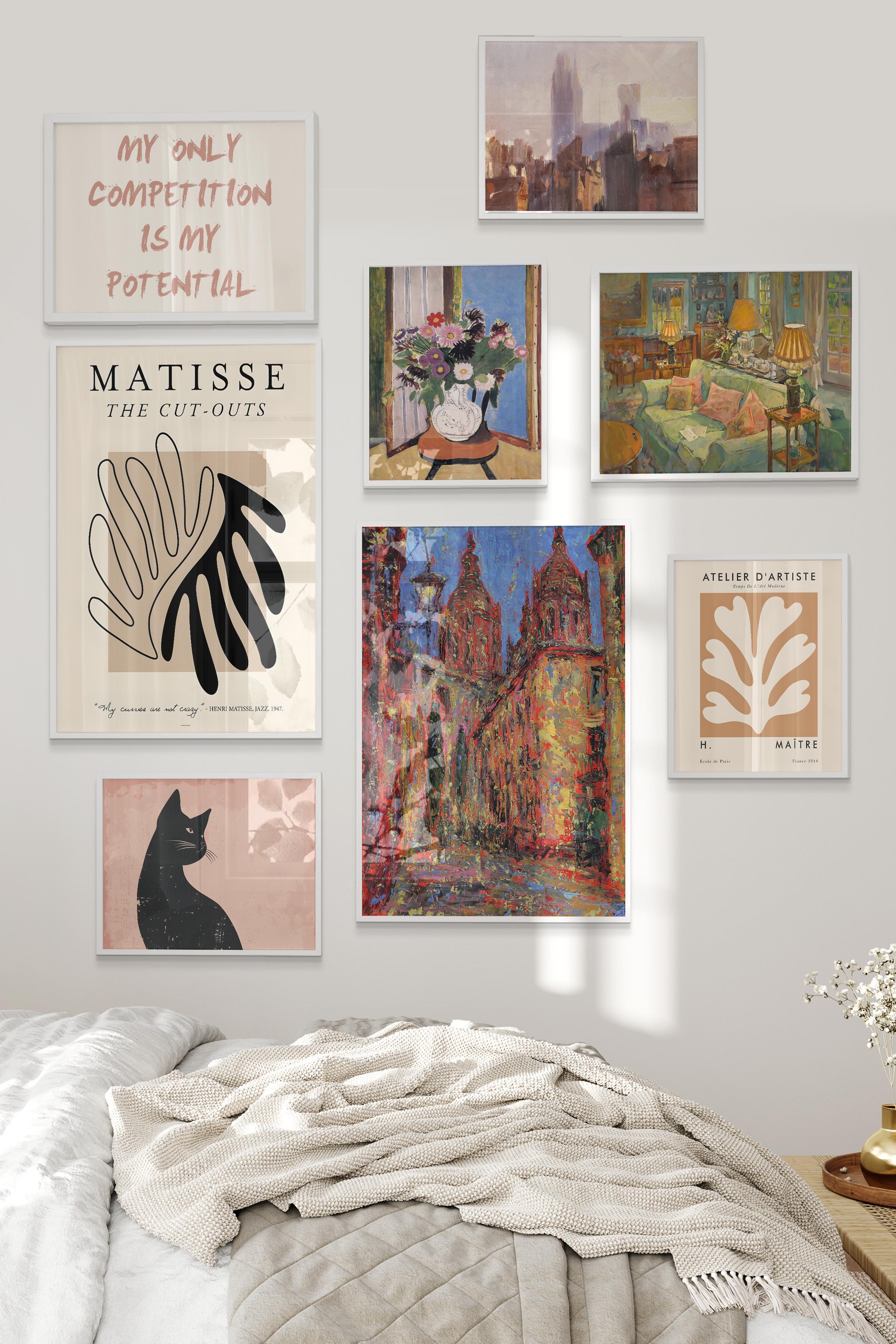 Beyaz Tablo Seti, 8 Adet Çerçeve Seti,Maximalist Vintage Temalı Galeri Poster Seti NO:044