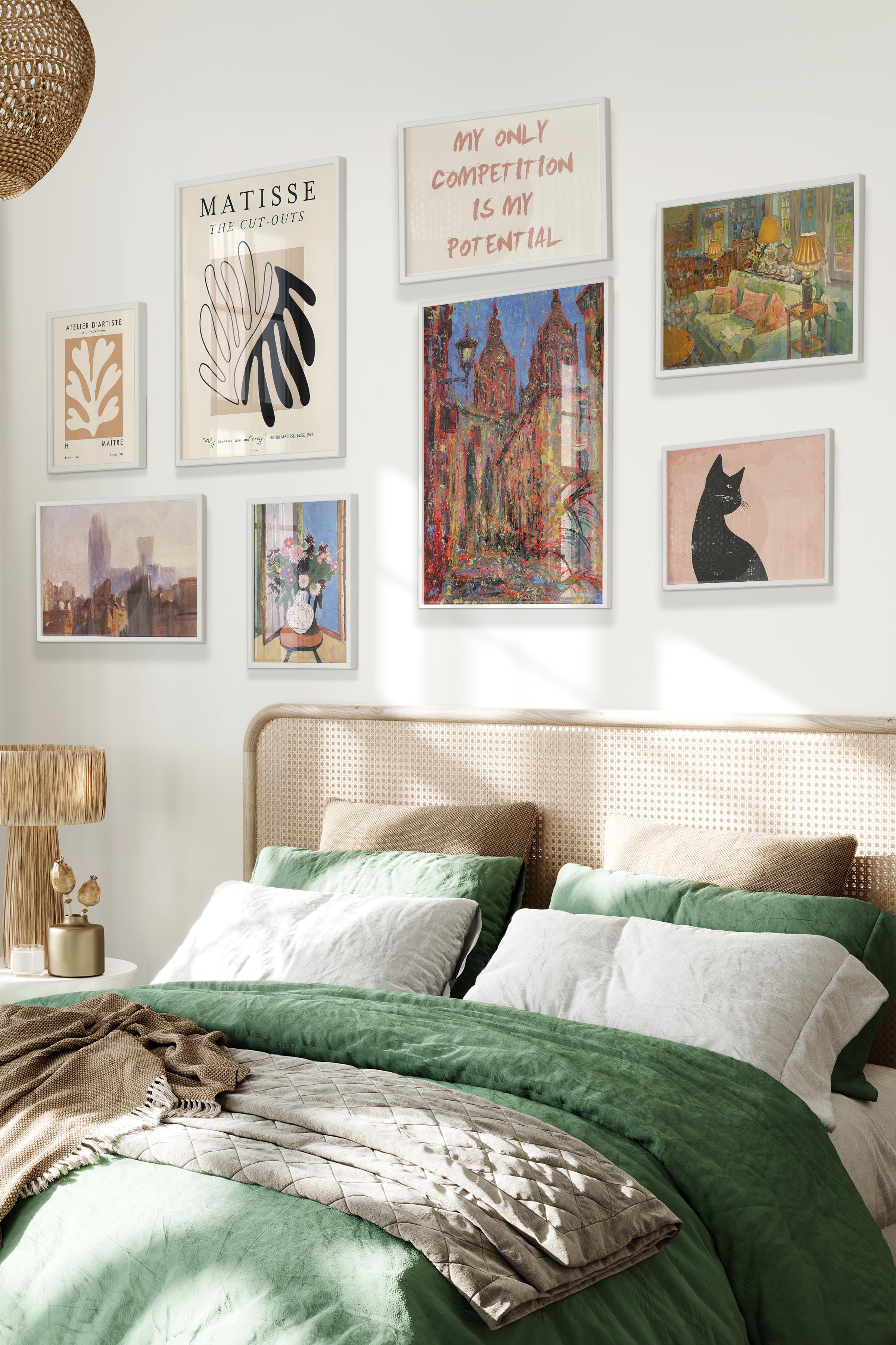 Beyaz Tablo Seti, 8 Adet Çerçeve Seti,Maximalist Vintage Temalı Galeri Poster Seti NO:044