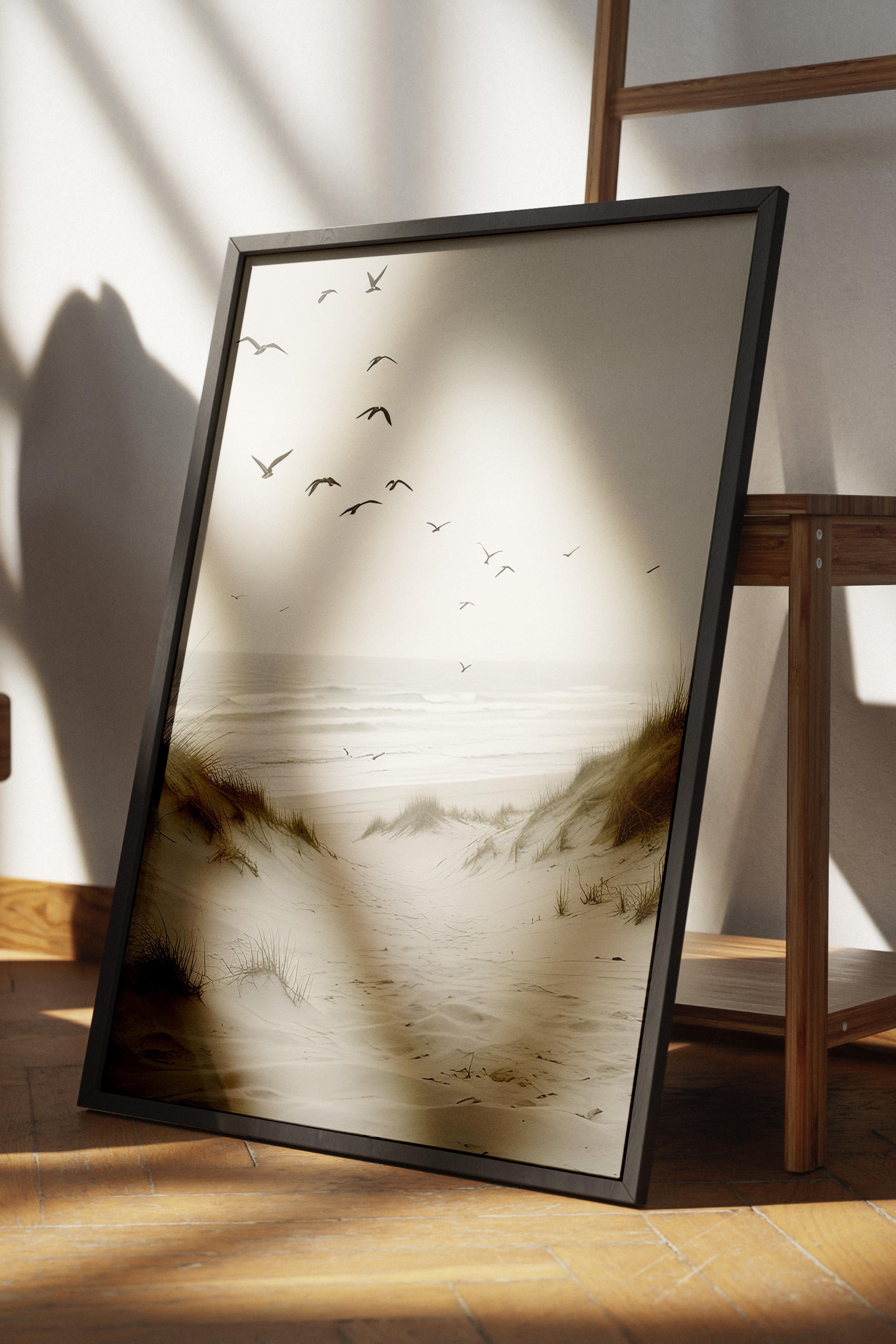 Birds by the Beach Çerçeveli Tablo, Siyah Çerçeve ve Poster, Duvar Tablosu Comfort Serisi NO:108313