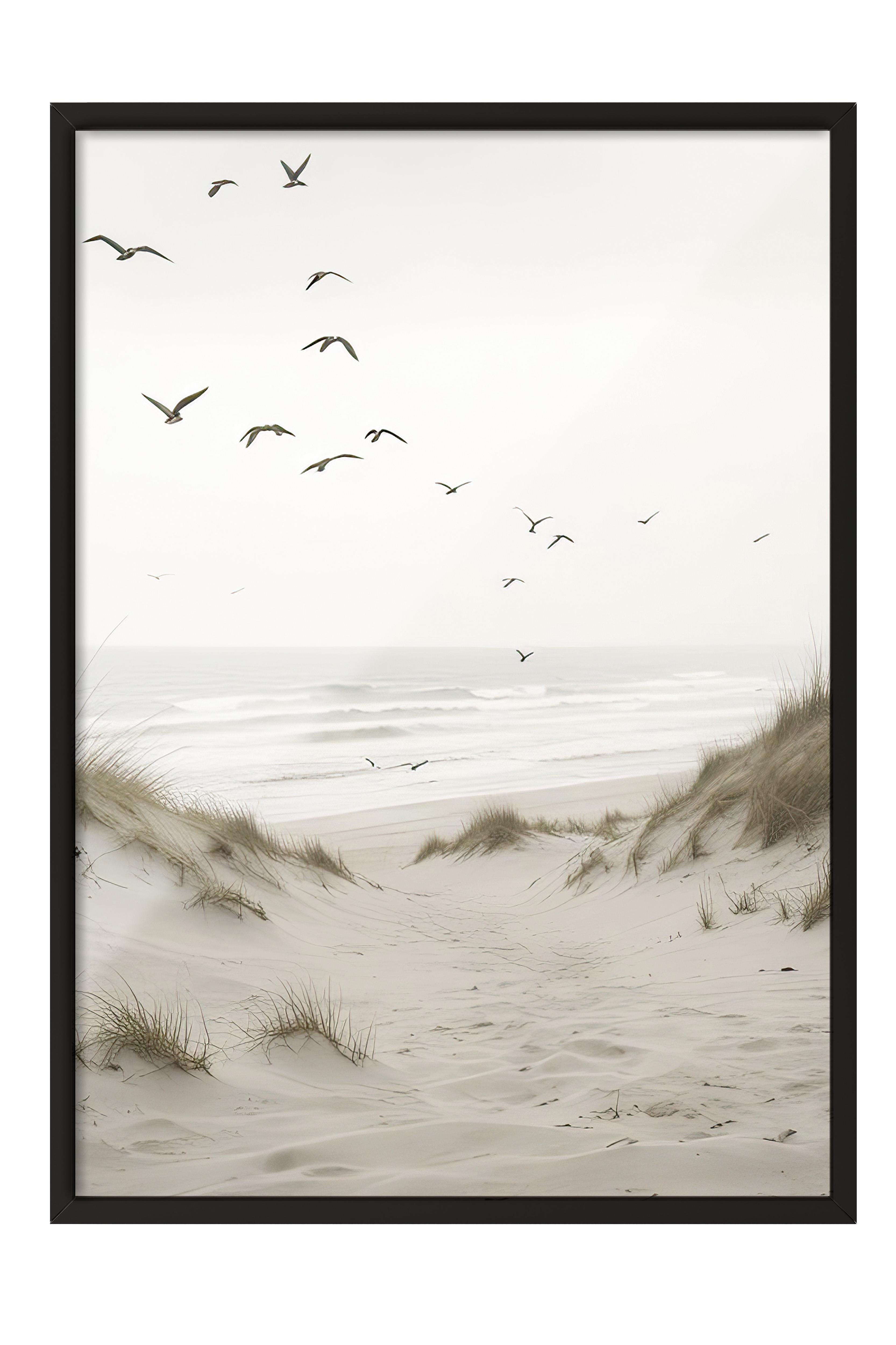 Birds by the Beach Çerçeveli Tablo, Siyah Çerçeve ve Poster, Duvar Tablosu Comfort Serisi NO:108313