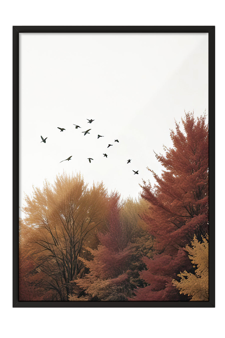 Sonbahar Ormanında Kuş Sürüsü Doğa Comfort Serisi Poster – Siyah Çerçeveli Tablo