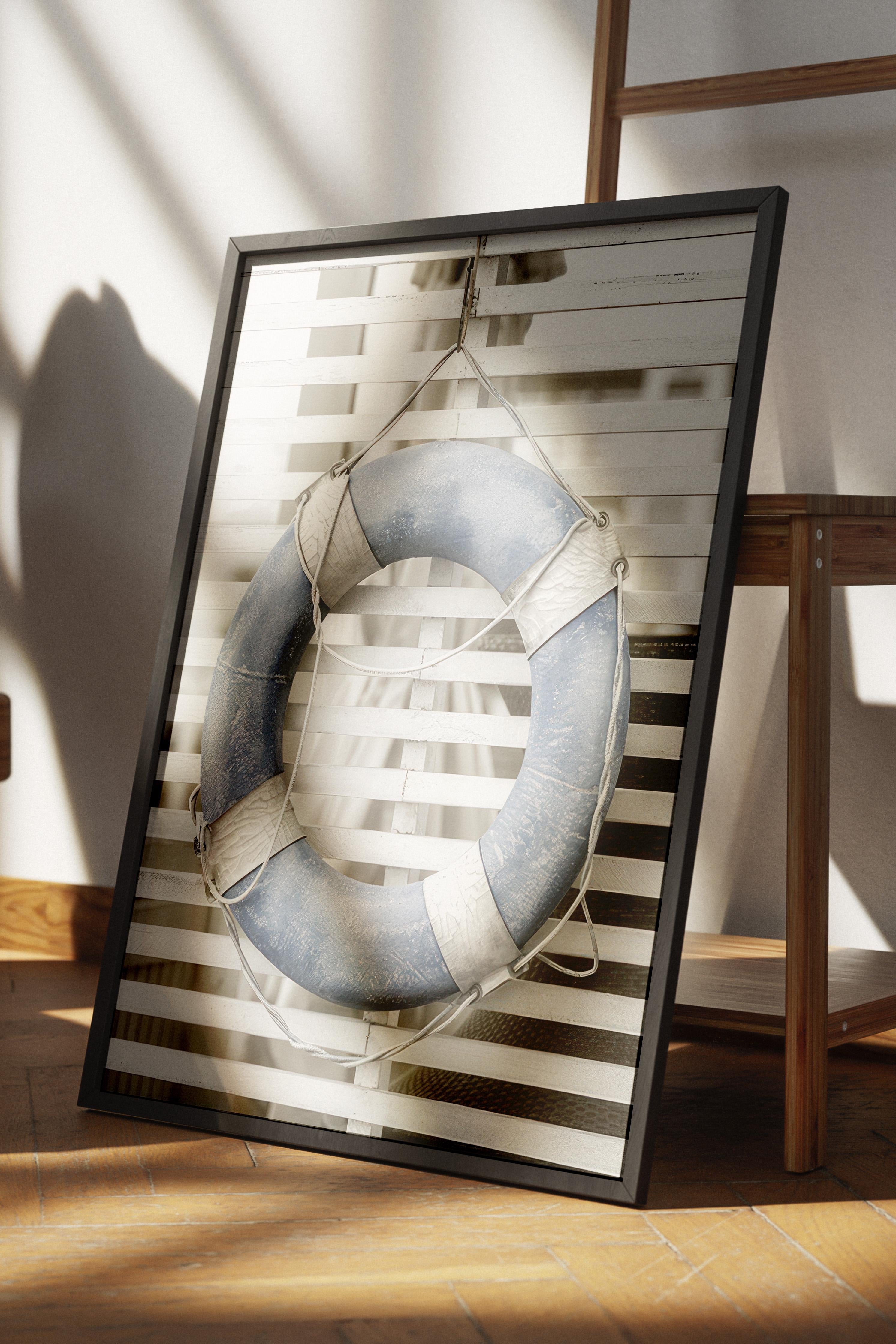 Blue Lifebuoy Çerçeveli Tablo, Siyah Çerçeve ve Poster, Dikey Duvar Tablosu Comfort Serisi NO:108437