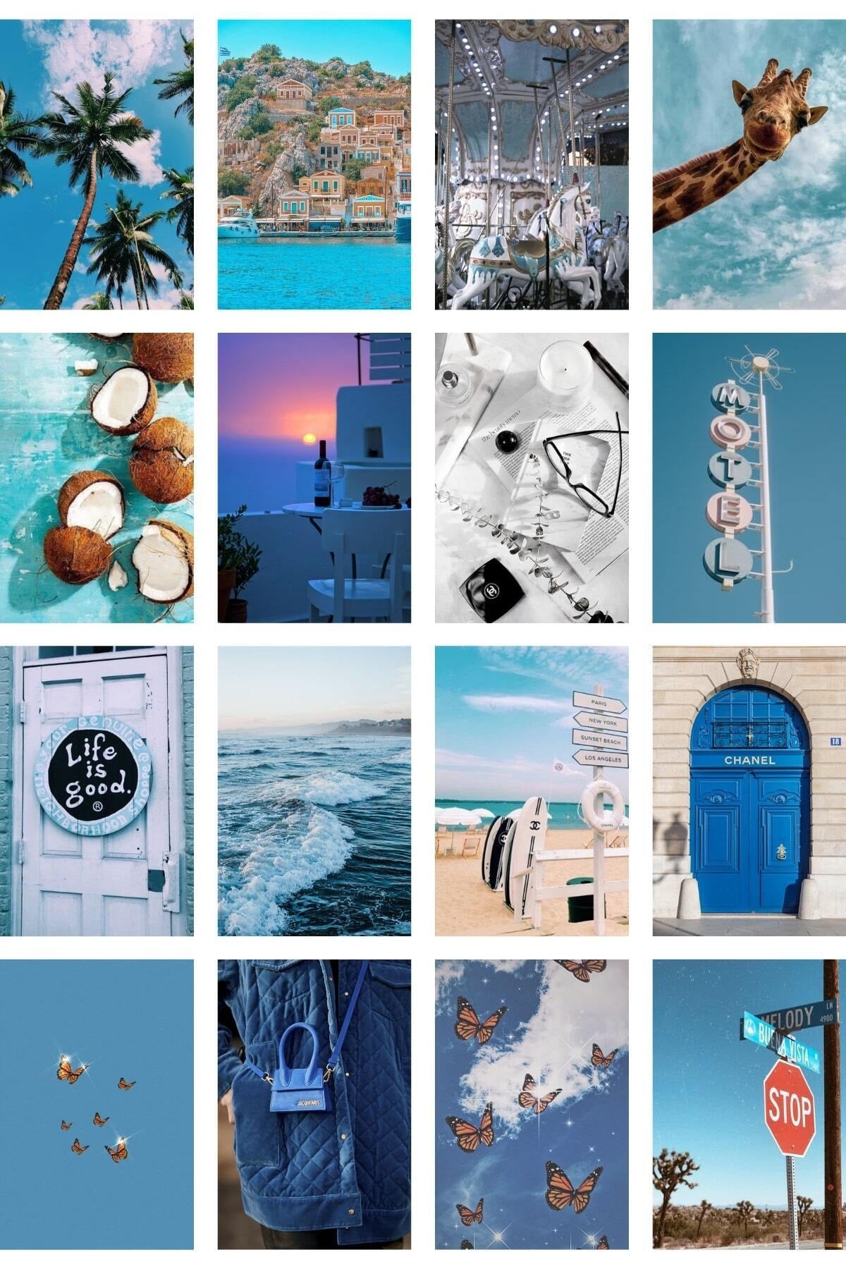 Bodrum Mavi Duvar Posteri Kolaj Seti - Arkası Yapışkanlı 70 Adet Duvar Posteri Kolaj Seti - 10*15cm