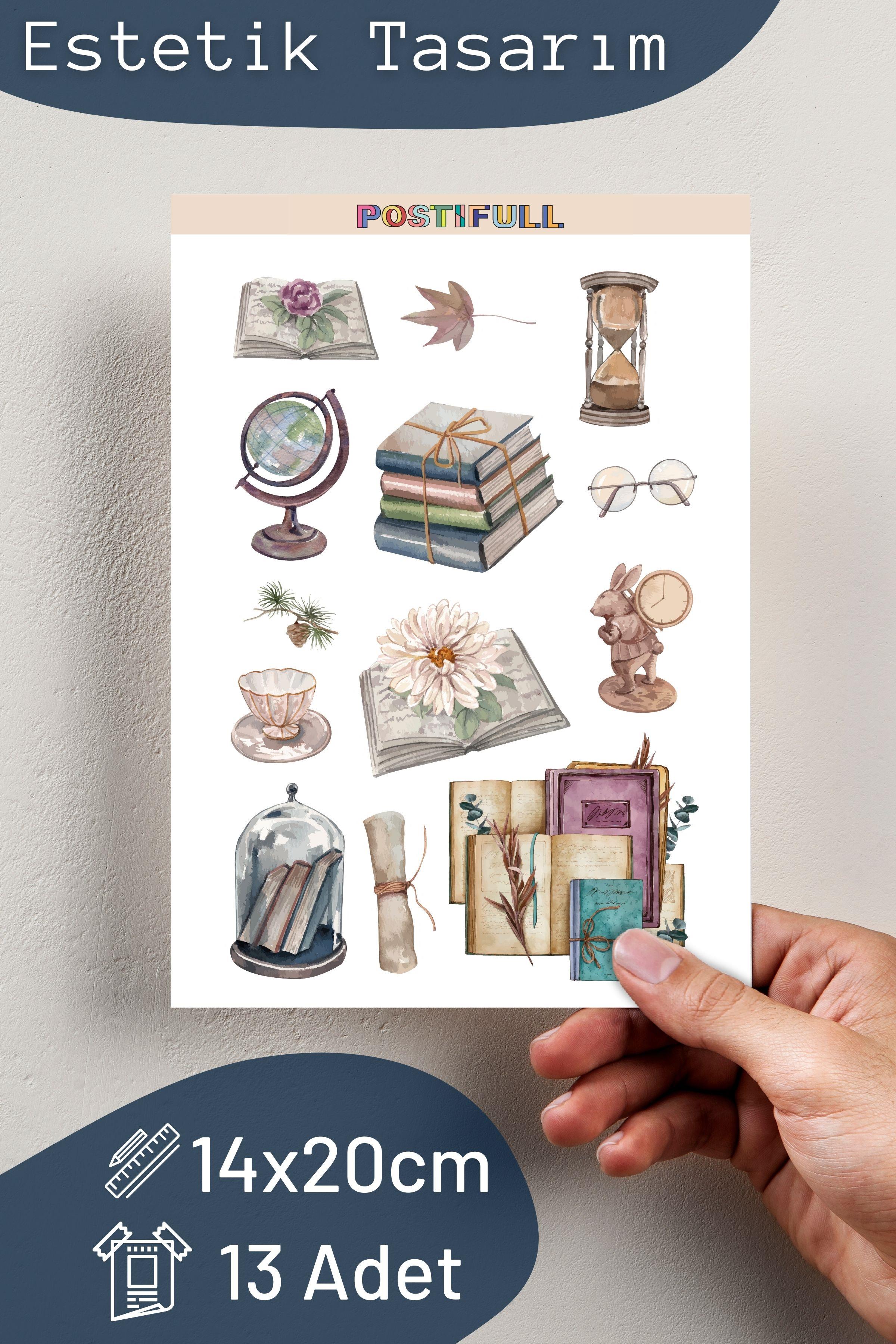 Books & Art Temalı Sticker ve Etiket Seti - Orta Boy - Su Geçirmez, Kalın Yapışkanlı Sticker Seti