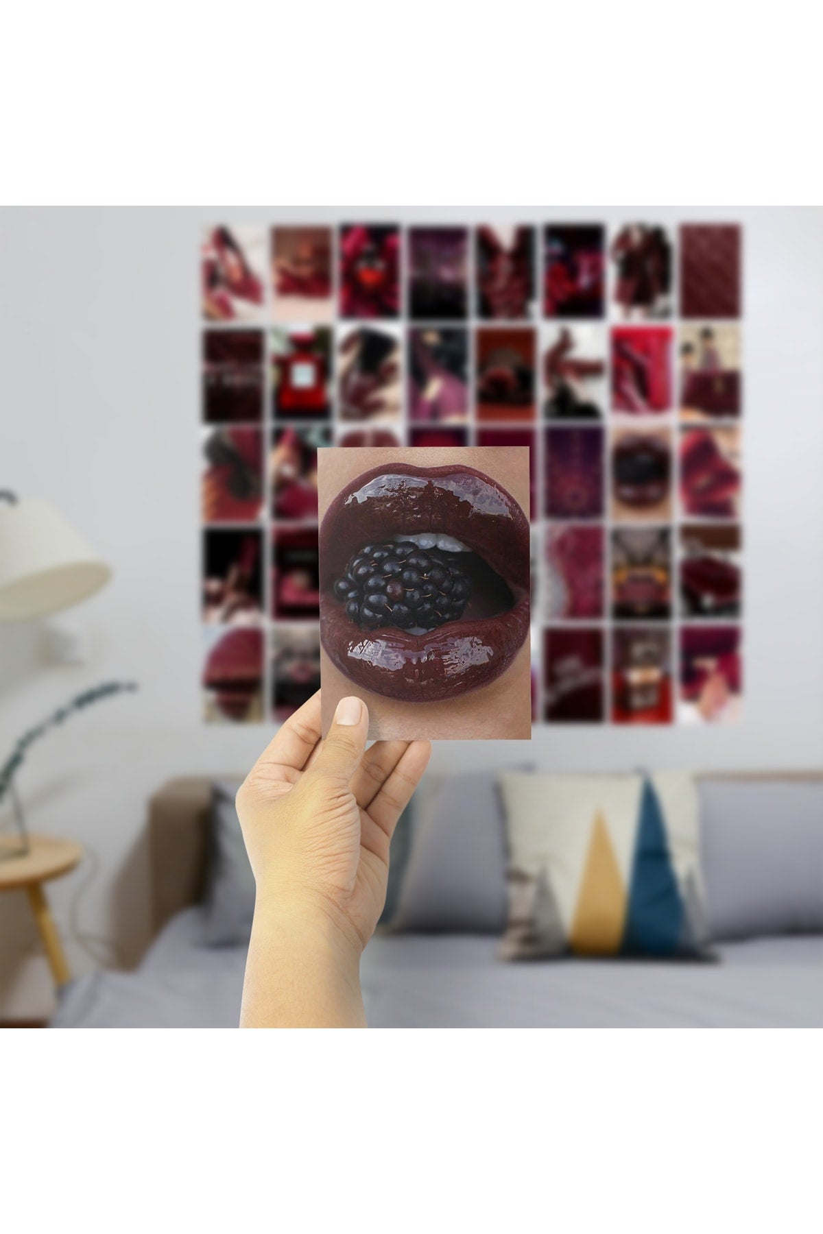 Bordo Duvar Poster Seti - 40 Adet - Arkası Yapışkanlı Kolaj Seti - 10cm*15cm - Kutulu Set