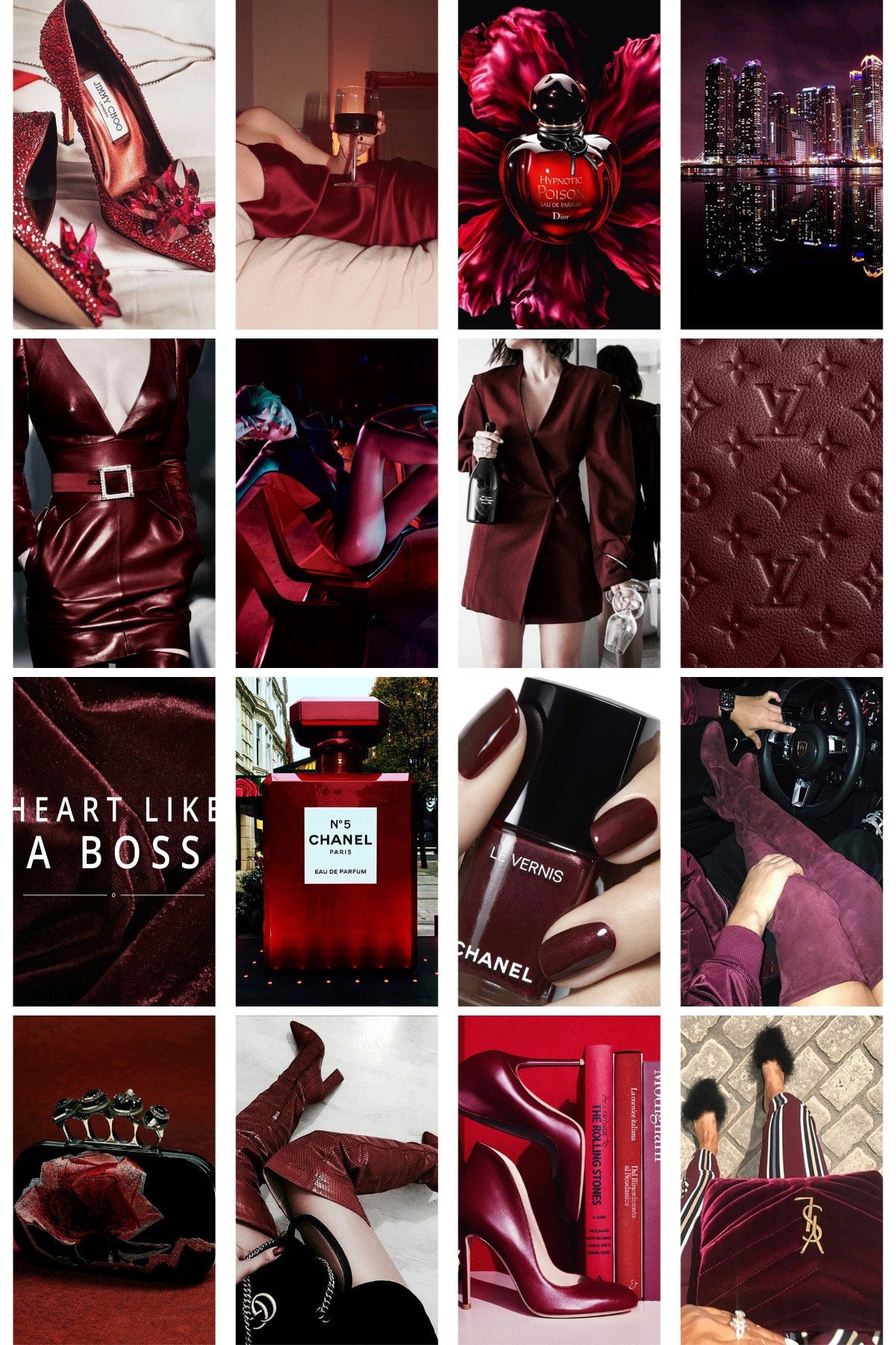 Bordo Duvar Poster Seti - 40 Adet - Arkası Yapışkanlı Kolaj Seti - 10cm*15cm - Kutulu Set