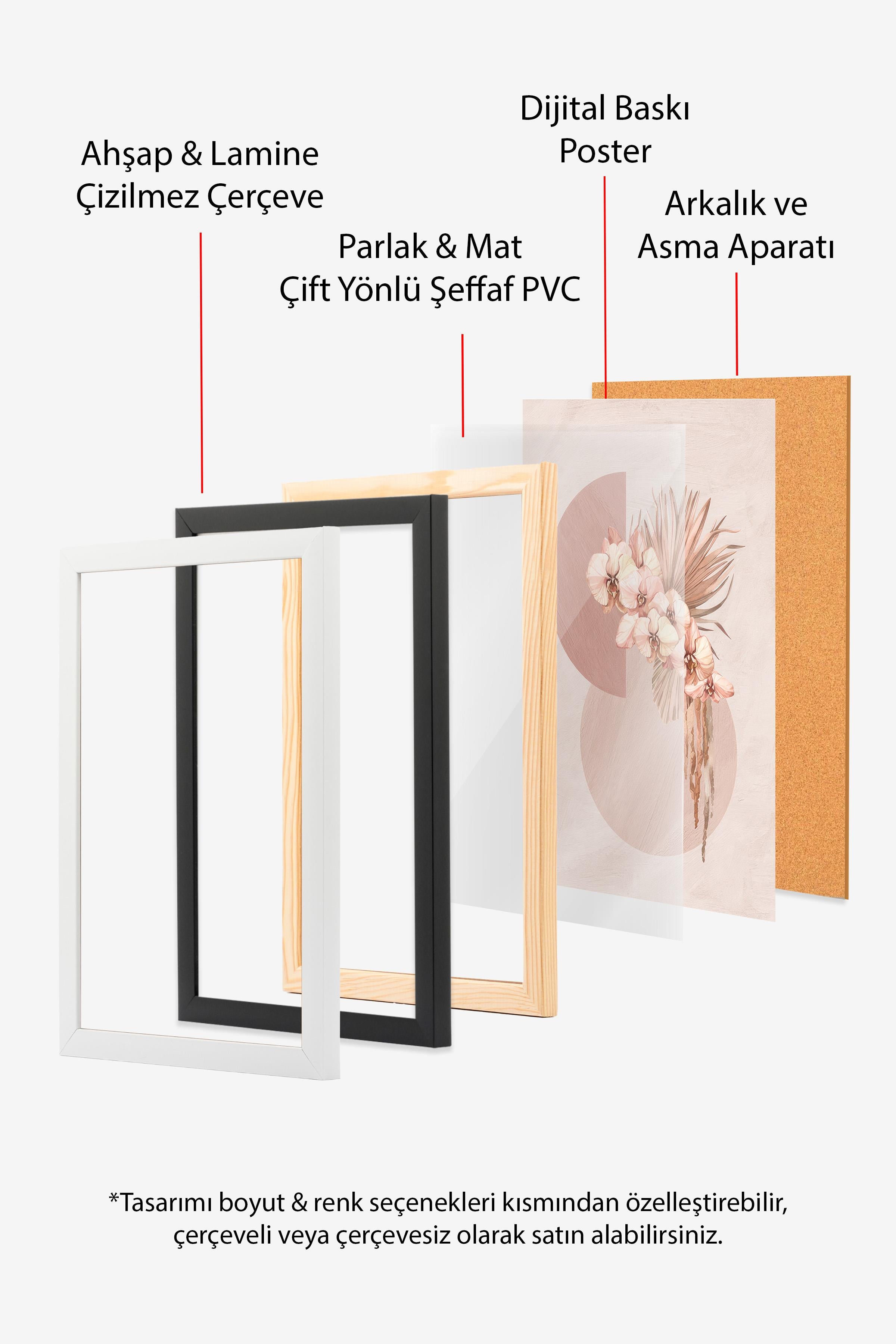 Botanical Shapes and Flowers Siyah Çerçeveli Tablo, Duvar Tablosu Comfort Serisi NO:108531