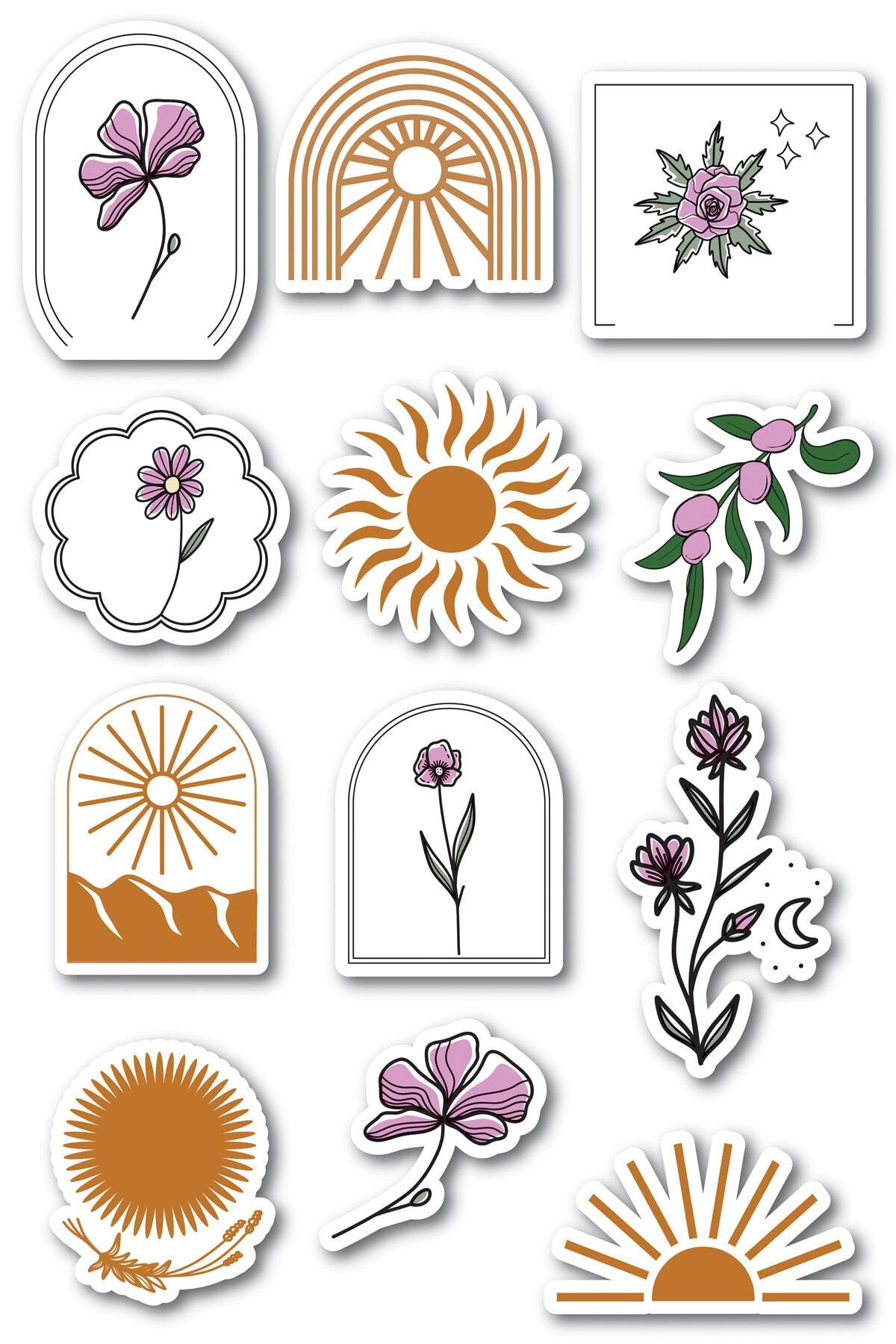 Botanik Temalı Sticker Seti - 12 Adet Etiket Seti- Telefon, Tablet, Defter Laptop Uyumlu Etiket