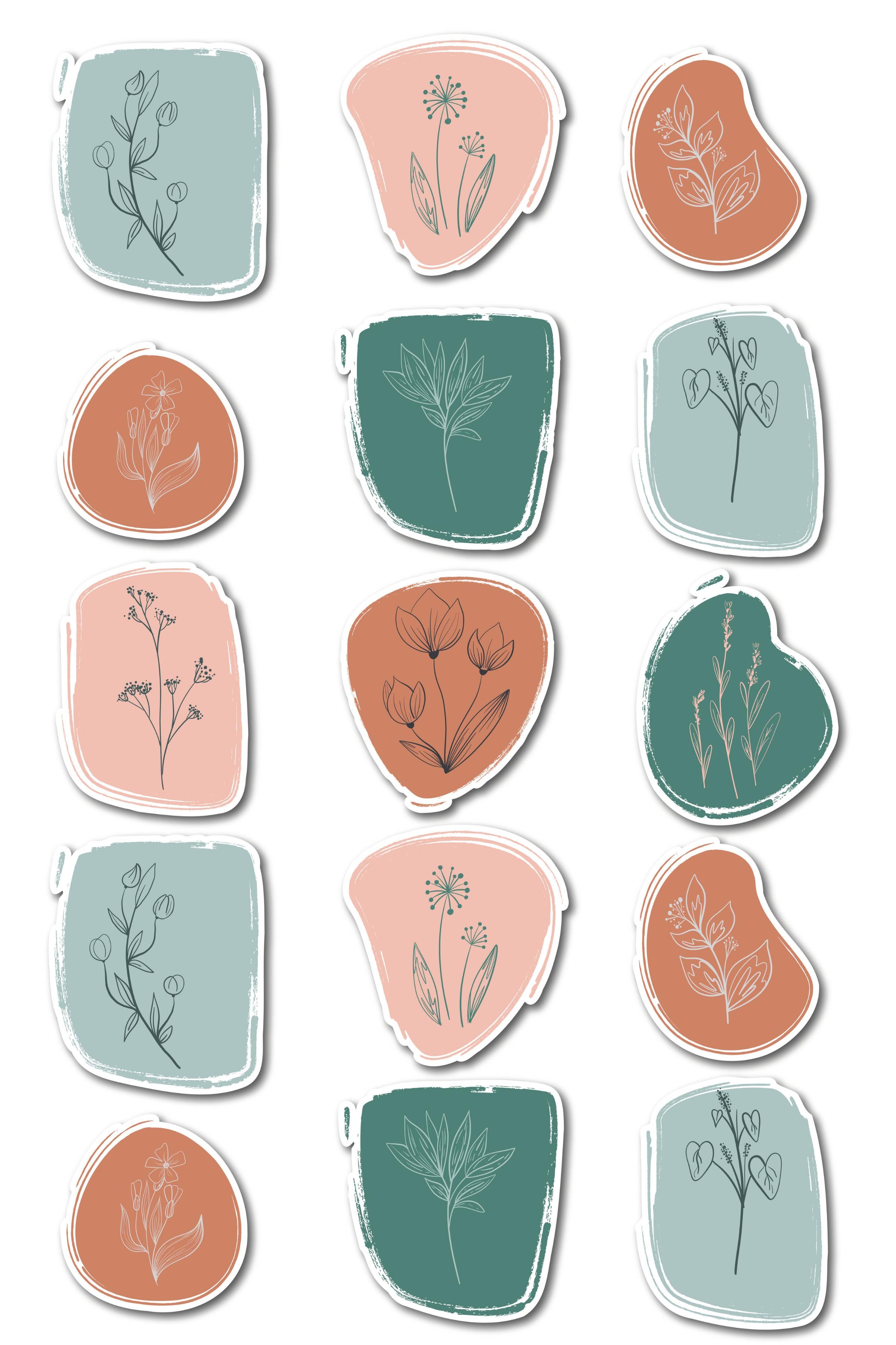 Botanik Temalı Sticker ve Etiket Seti - Orta Boy - Su Geçirmez, Kalın Yapışkanlı Sticker Seti