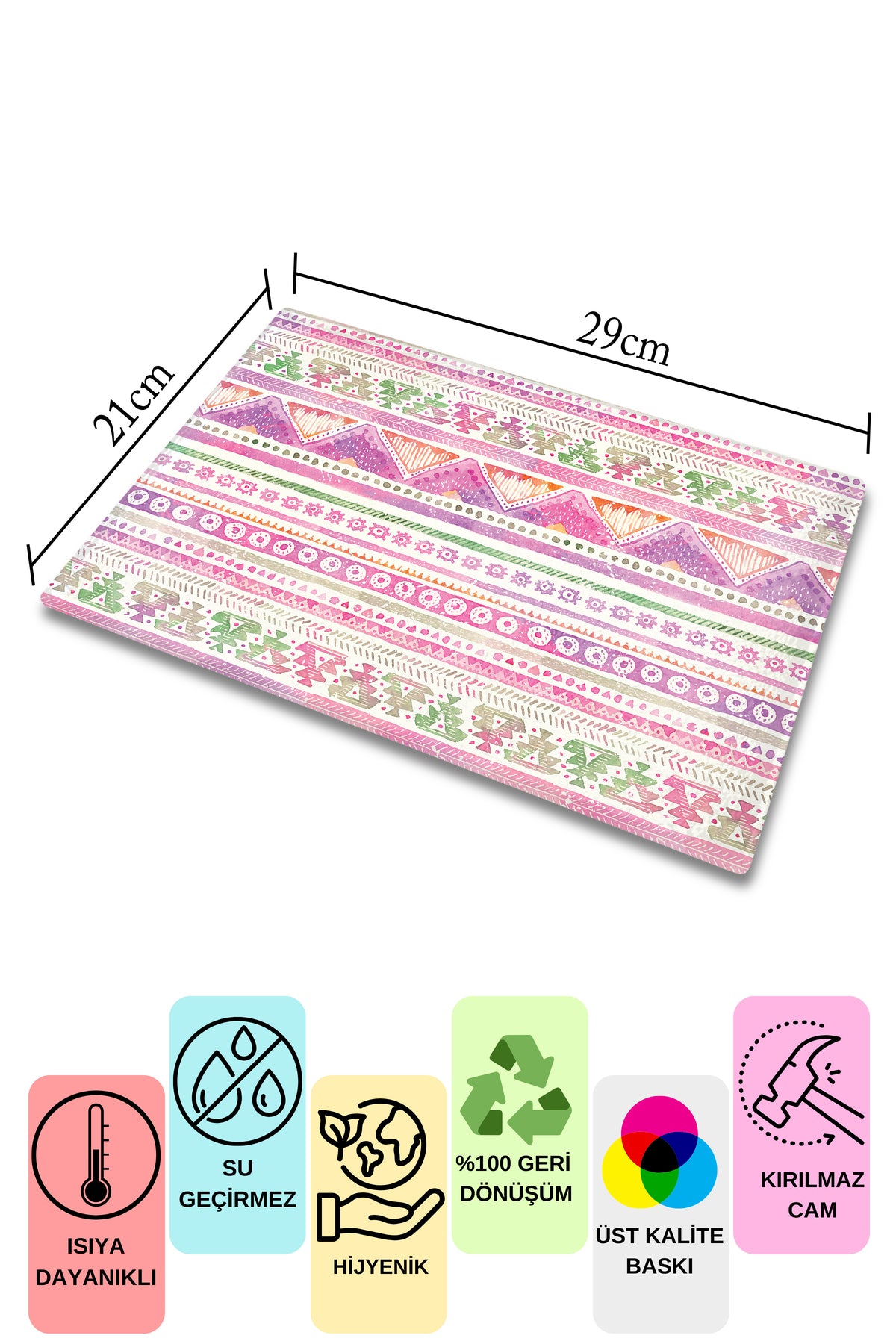 Cam Kesme Tahtası - Boho Temalı - 21*30cm - Doğrama Tahtası - Estetik, Dekoratif Sunum Tahtası