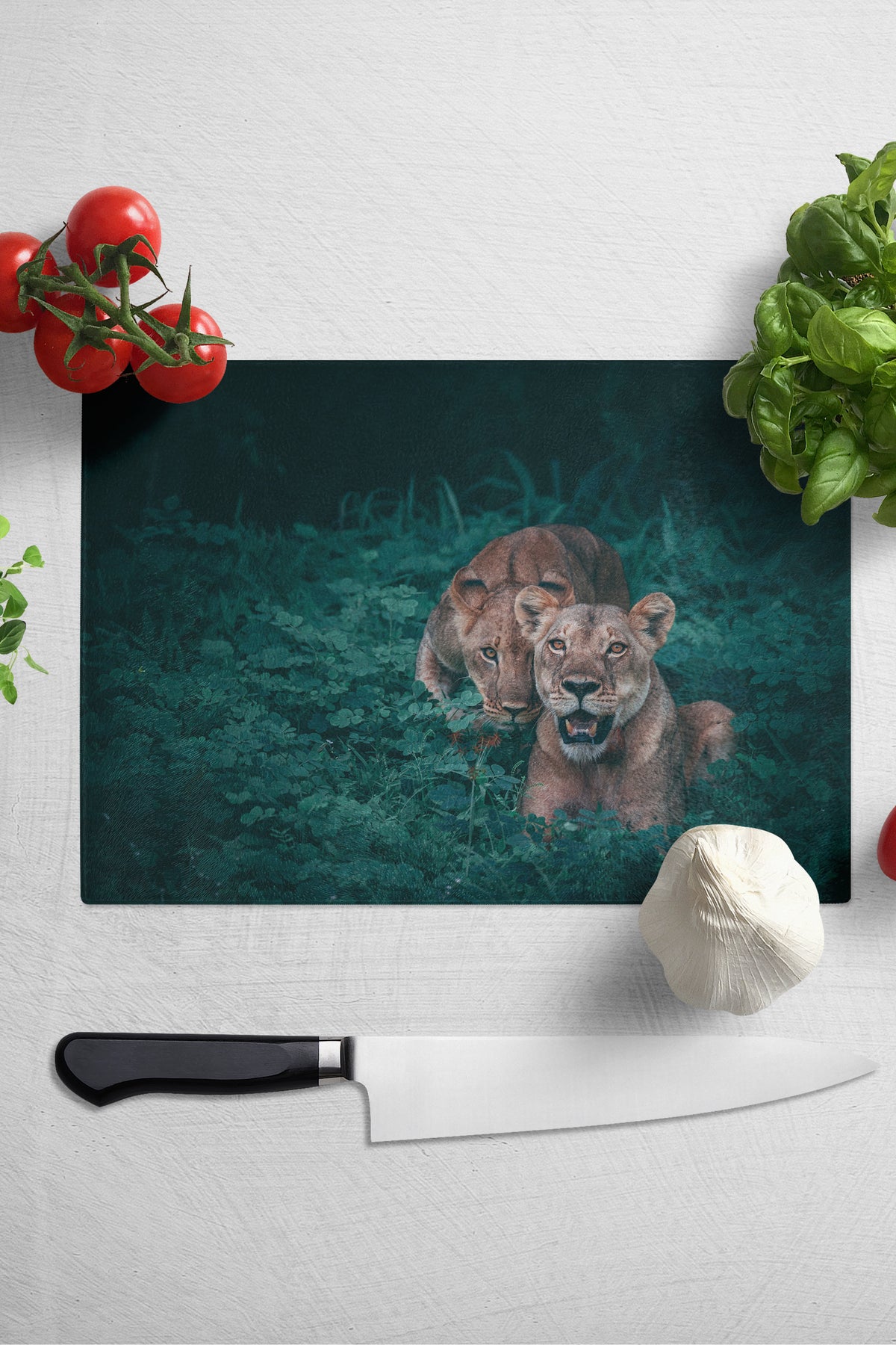 Cam Kesme Tahtası, Kalın Ve Kırılmaz Cam - Aslan Temalı - 21*30cm - Doğrama Tahtası, Mutfak Dekoru