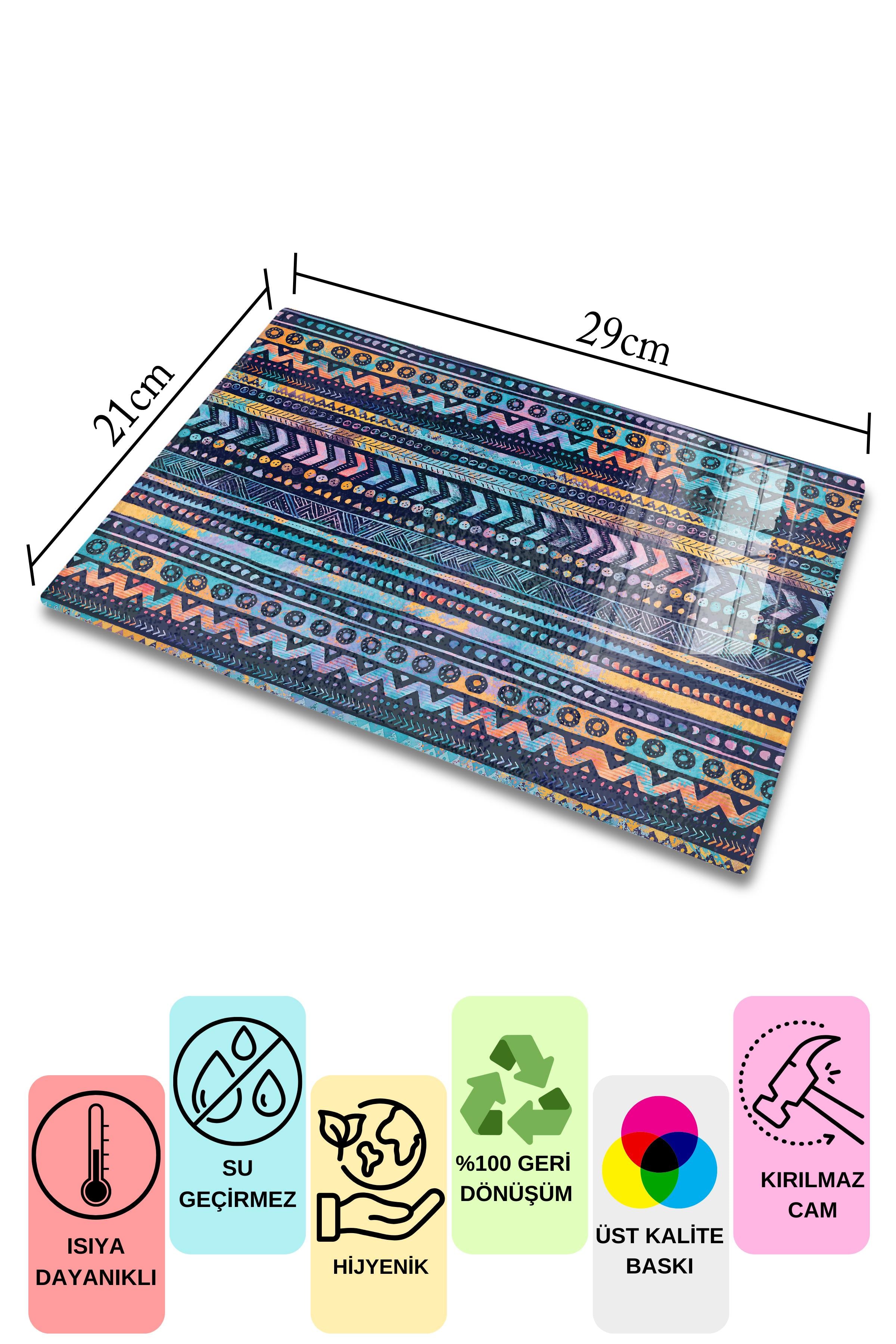 Cam Kesme Tahtası, Kalın Ve Kırılmaz Cam - Boho Temalı - 21*30cm - Doğrama Tahtası, Mutfak Dekoru