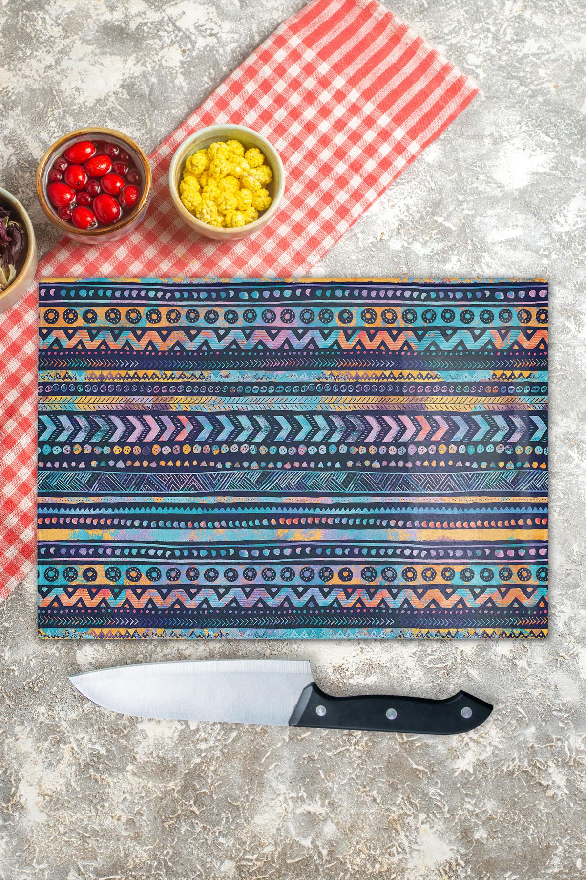 Cam Kesme Tahtası, Kalın Ve Kırılmaz Cam - Boho Temalı - 21*30cm - Doğrama Tahtası, Mutfak Dekoru
