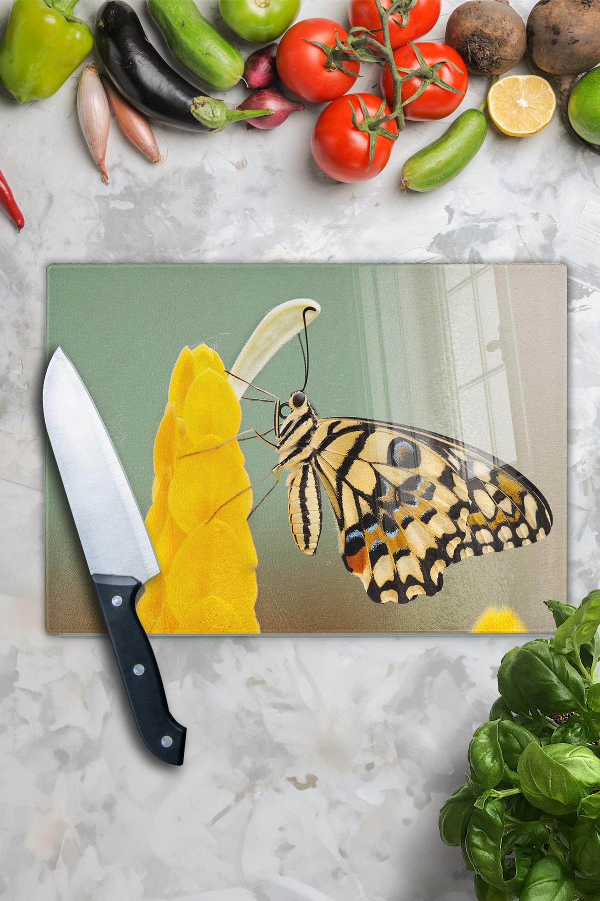 Cam Kesme Tahtası, Kalın Ve Kırılmaz Cam - Kelebek Temalı - 21*30cm, Doğrama Tahtası, Mutfak Dekoru