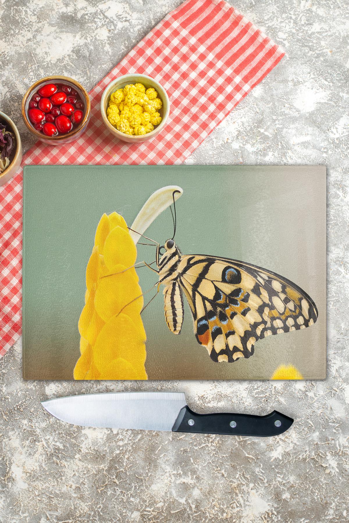 Cam Kesme Tahtası, Kalın Ve Kırılmaz Cam - Kelebek Temalı - 21*30cm, Doğrama Tahtası, Mutfak Dekoru