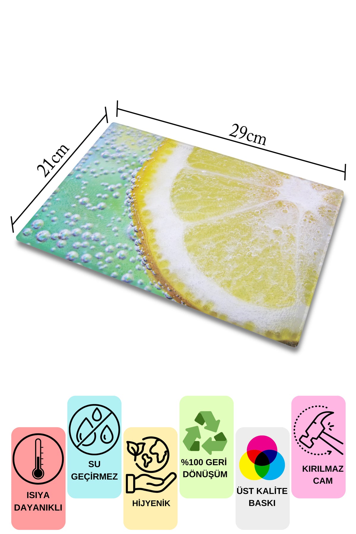 Cam Kesme Tahtası, Kalın Ve Kırılmaz Cam - Limon Temalı - 21*30cm - Doğrama Tahtası, Mutfak Dekoru