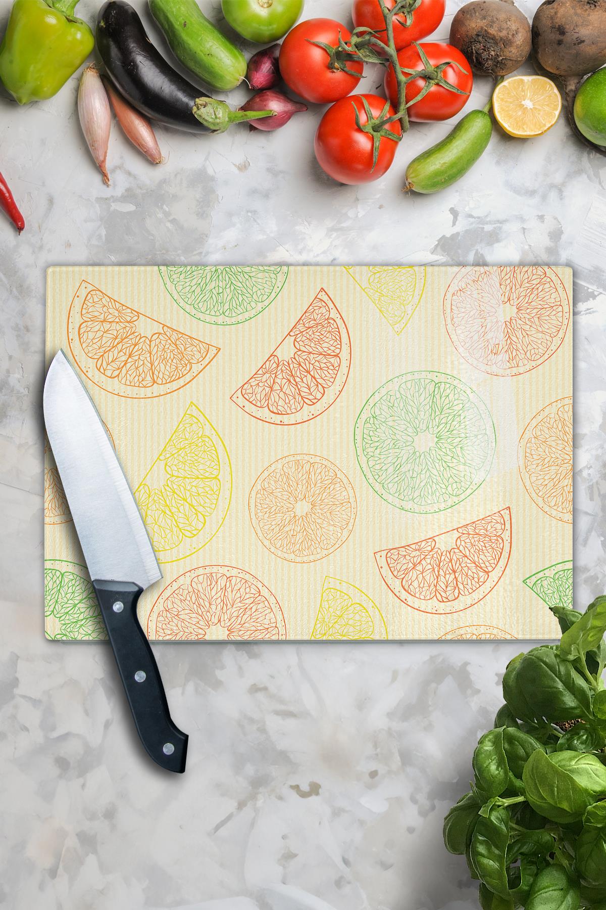 Cam Kesme Tahtası, Kalın Ve Kırılmaz Cam - Limon Temalı - 21*30cm - Doğrama Tahtası, Mutfak Dekoru