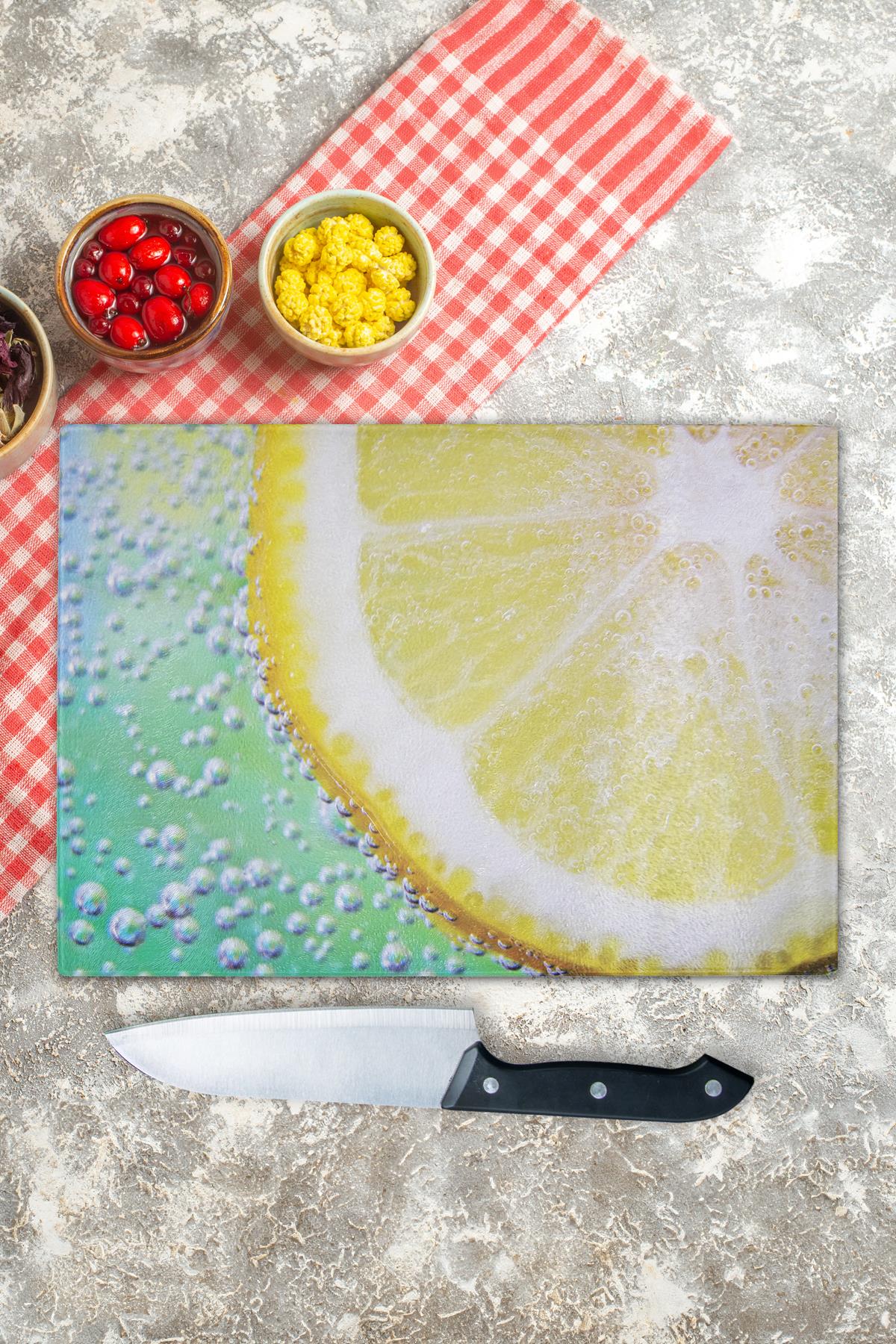 Cam Kesme Tahtası, Kalın Ve Kırılmaz Cam - Limon Temalı - 21*30cm - Doğrama Tahtası, Mutfak Dekoru