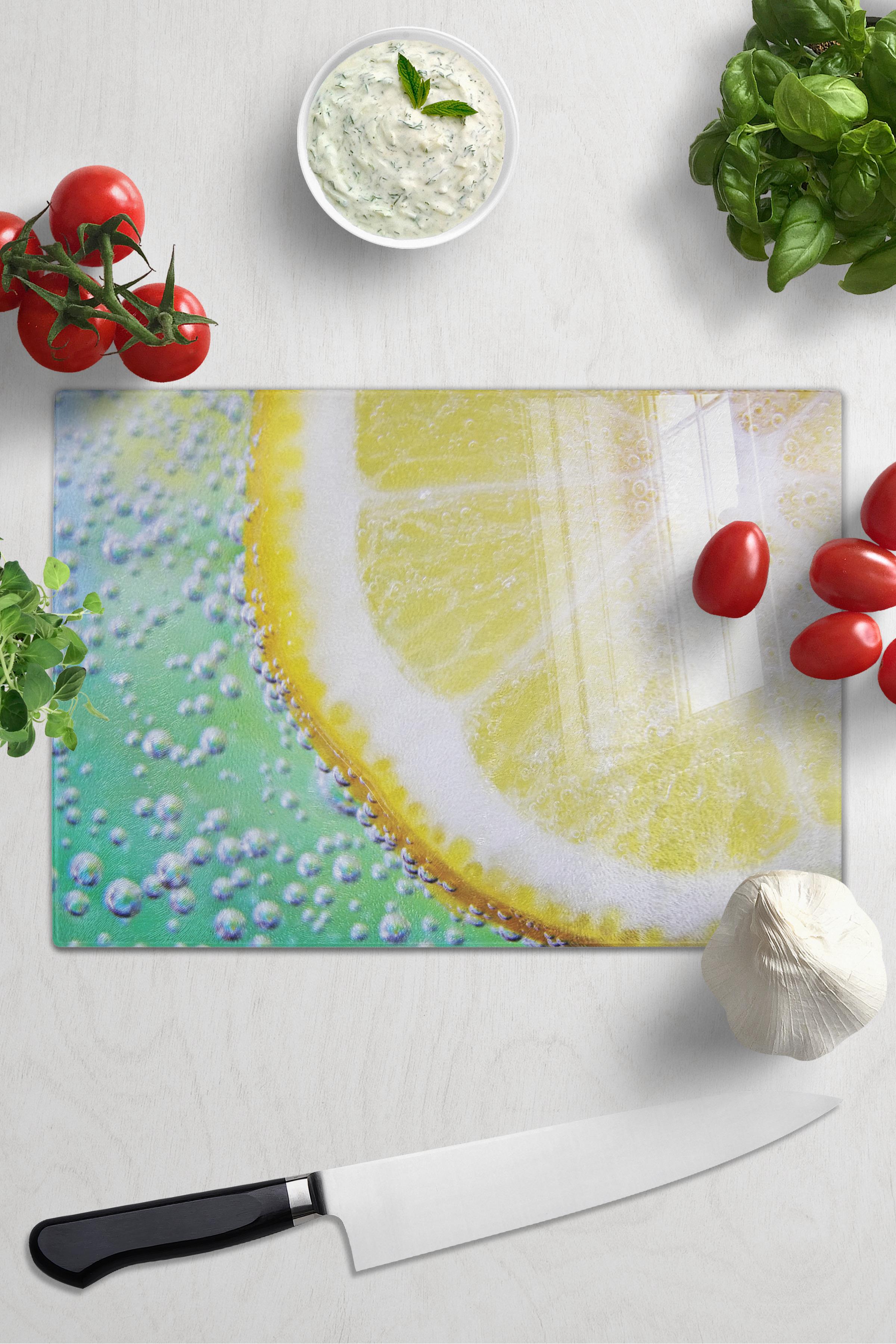 Cam Kesme Tahtası, Kalın Ve Kırılmaz Cam - Limon Temalı - 21*30cm - Doğrama Tahtası, Mutfak Dekoru