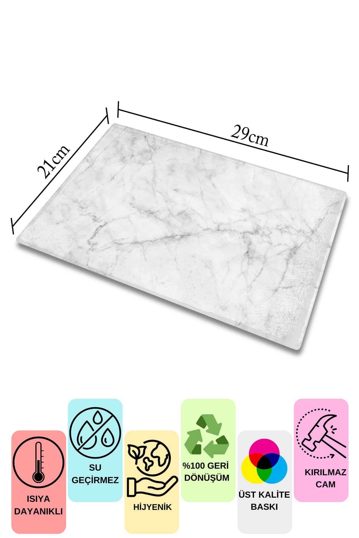 Cam Kesme Tahtası, Kalın Ve Kırılmaz Cam - Mermer Temalı - 21*30cm, Doğrama Tahtası, Mutfak Dekoru