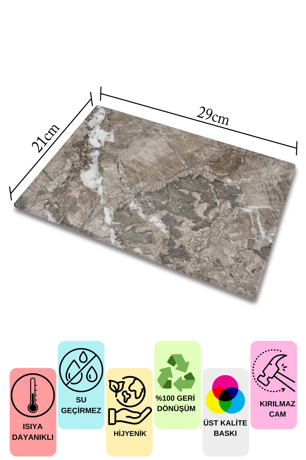 Cam Kesme Tahtası, Kalın Ve Kırılmaz Cam - Mermer Temalı - 21*30cm - Doğrama Tahtası, Mutfak Dekoru