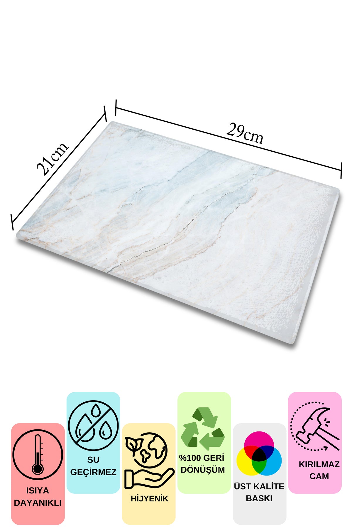 Cam Kesme Tahtası, Kalın Ve Kırılmaz Cam - Mermer Temalı - 21*30cm - Doğrama Tahtası, Mutfak Dekoru