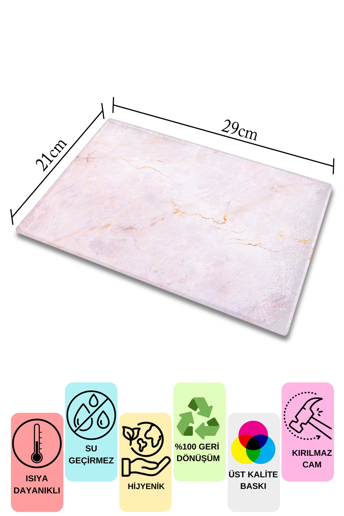 Cam Kesme Tahtası, Kalın Ve Kırılmaz Cam - Mermer Temalı - 21*30cm - Doğrama Tahtası, Mutfak Dekoru